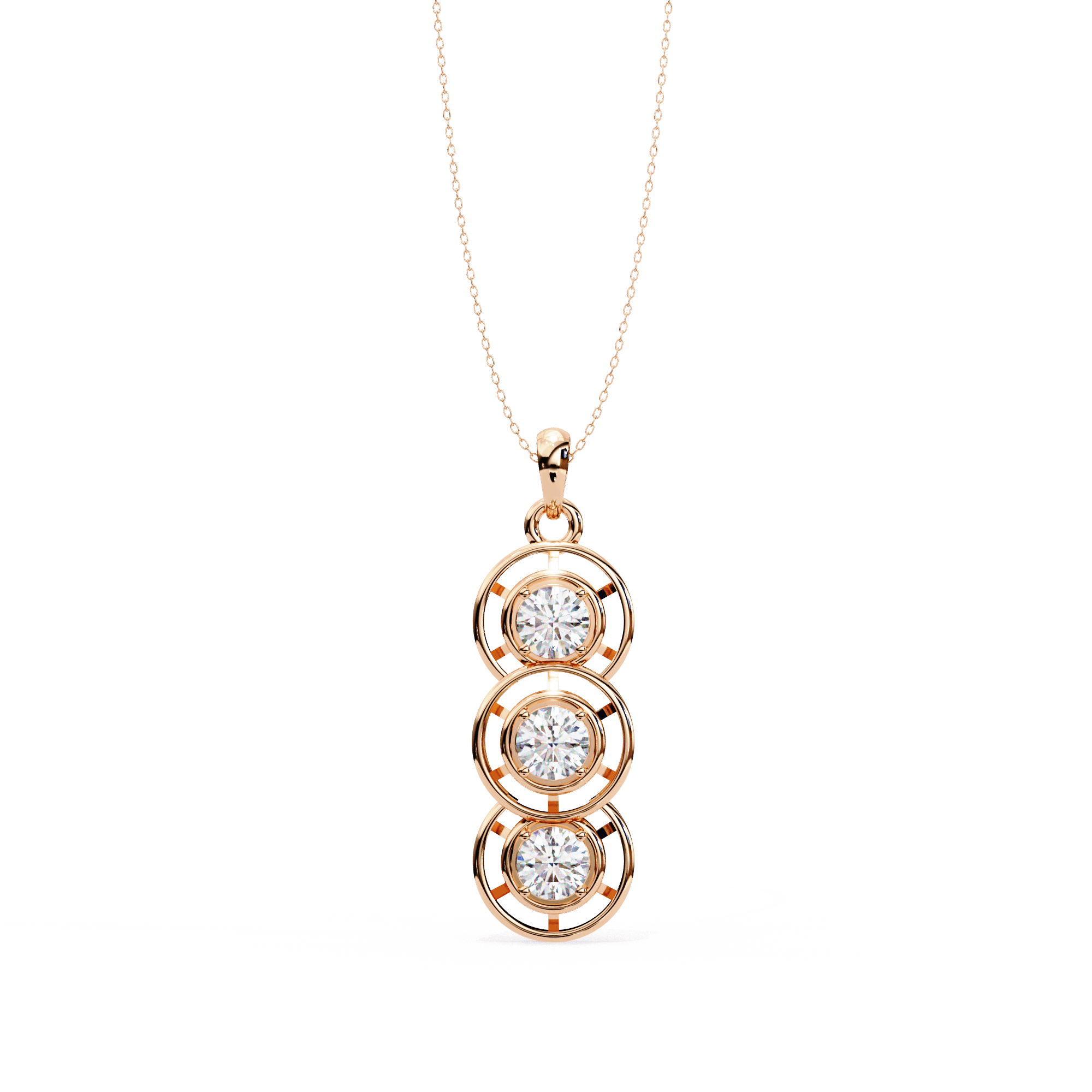 A diamond-studded pendant necklace with a gold chain, showcasing multiple rows of inset diamonds.