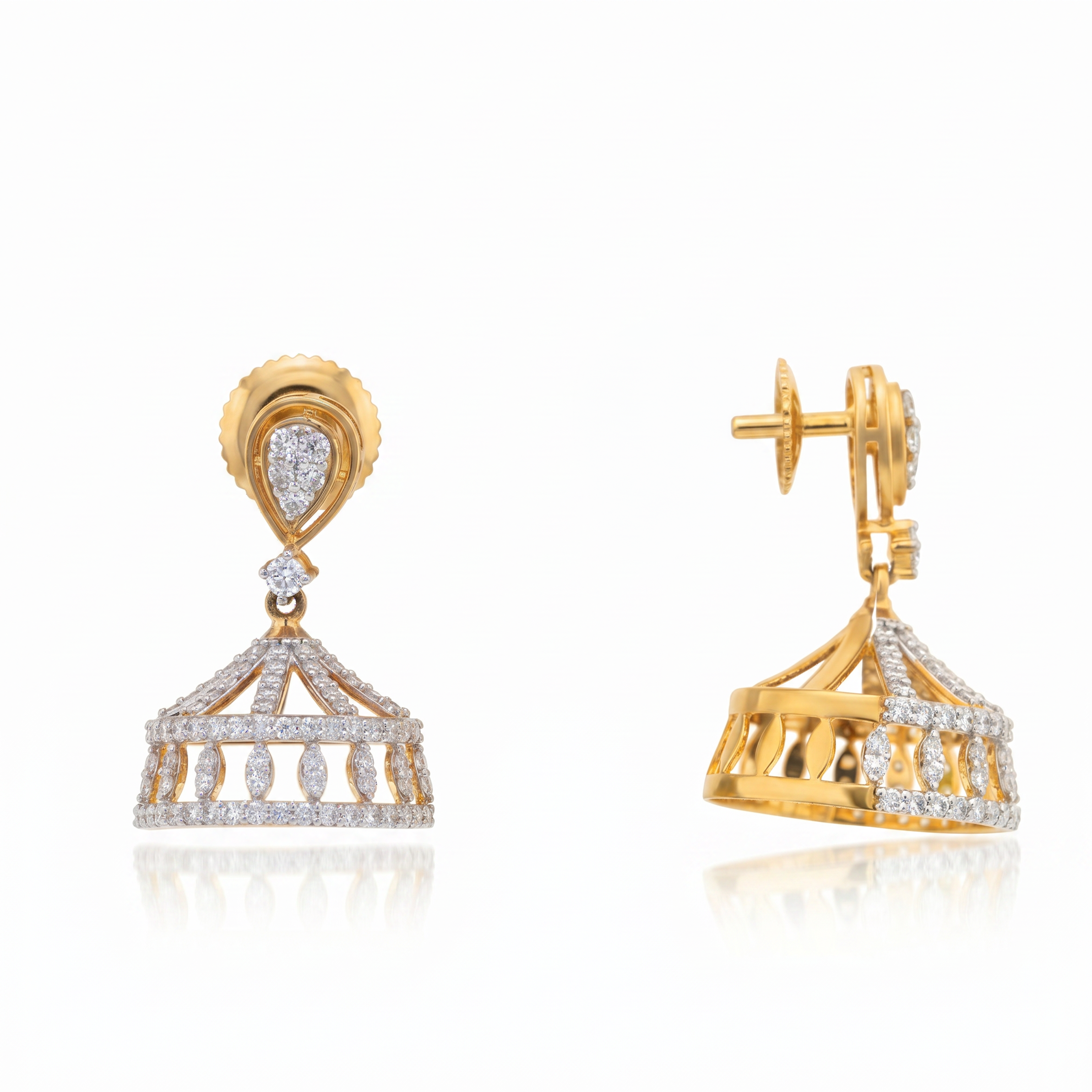 Mukutheia 9KT Gold Diamond Crown Jhumka Earrings
