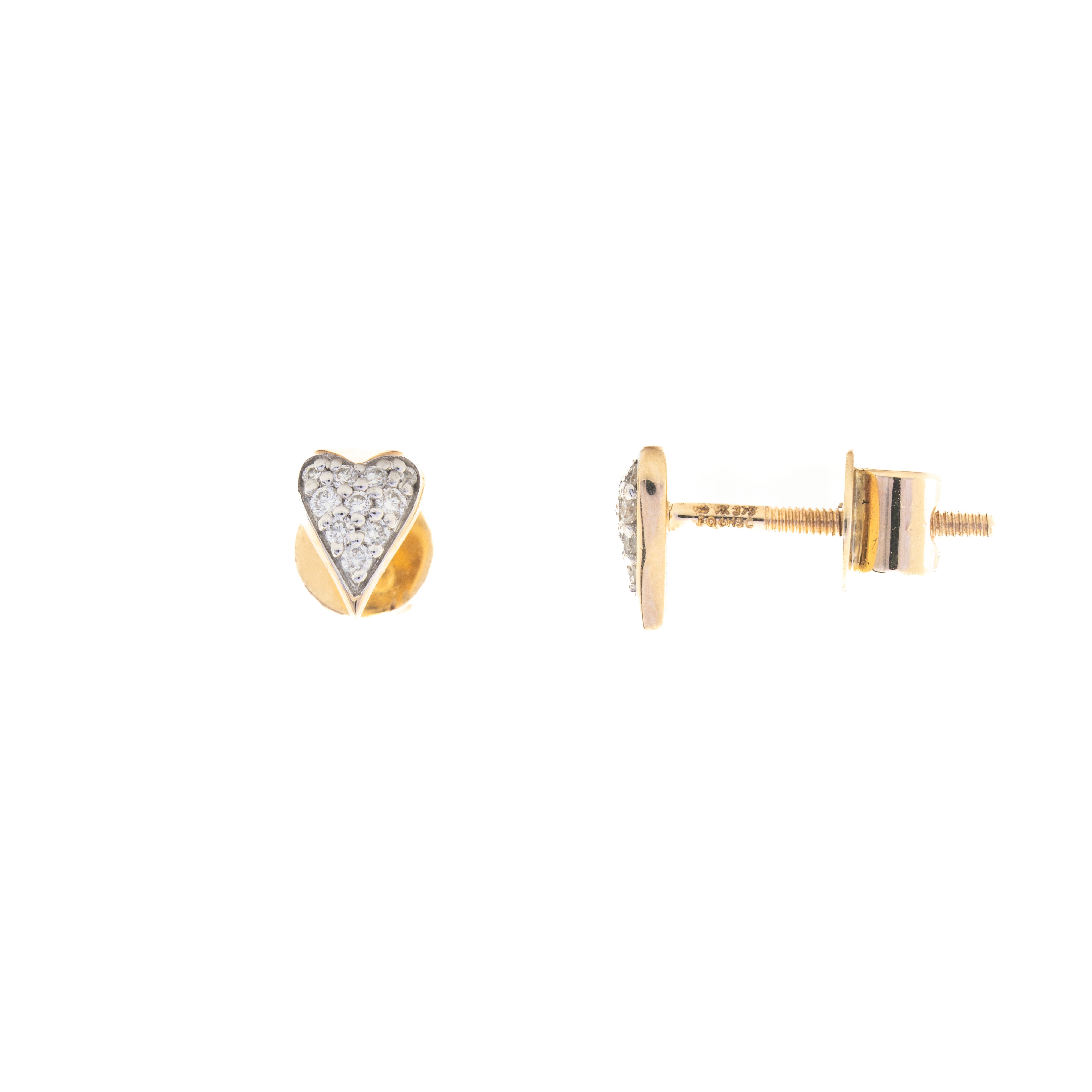 Heart-shaped gold earrings with diamond accents on a white background
