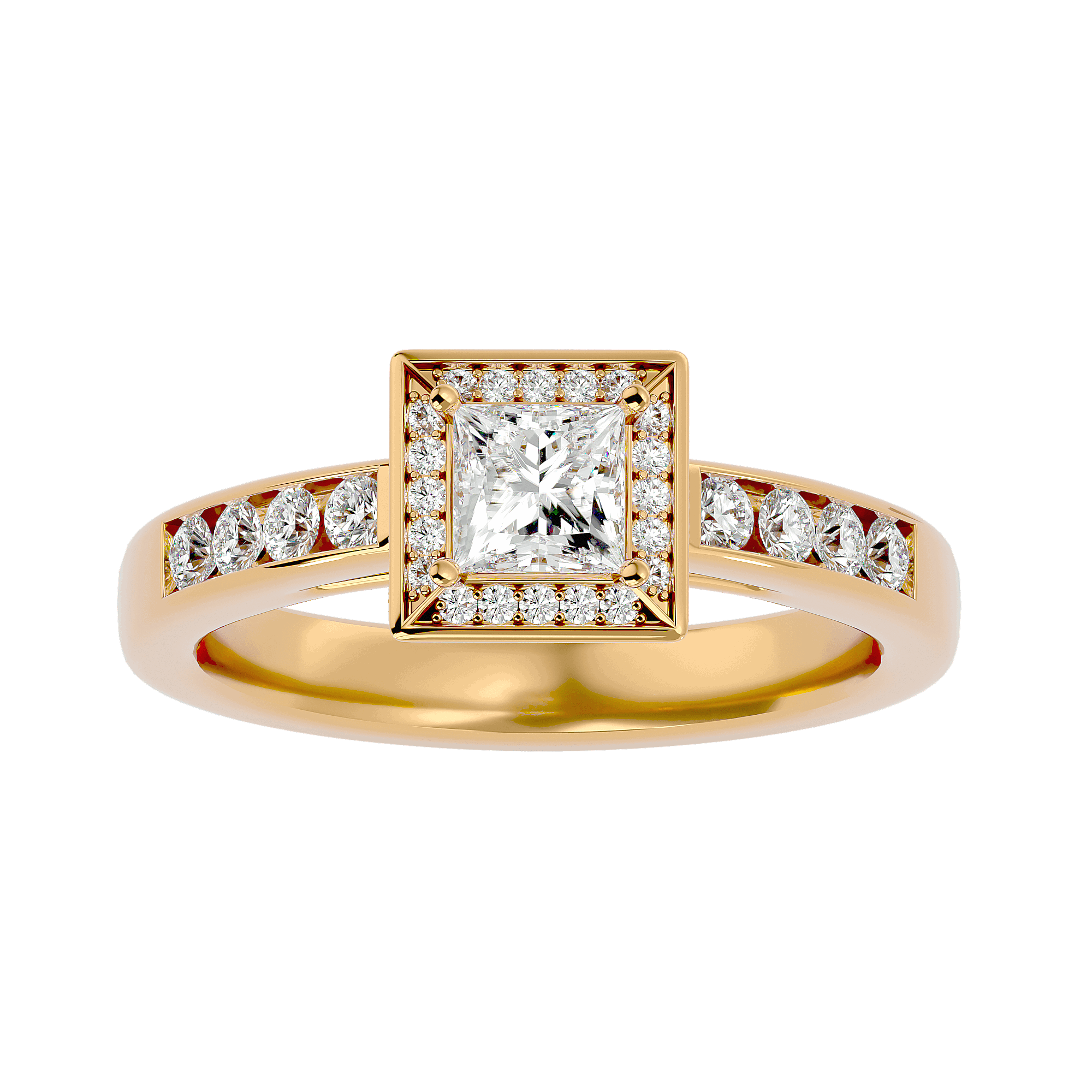 A gold diamond halo ring with a prominent central diamond surrounded by smaller diamonds on the band.