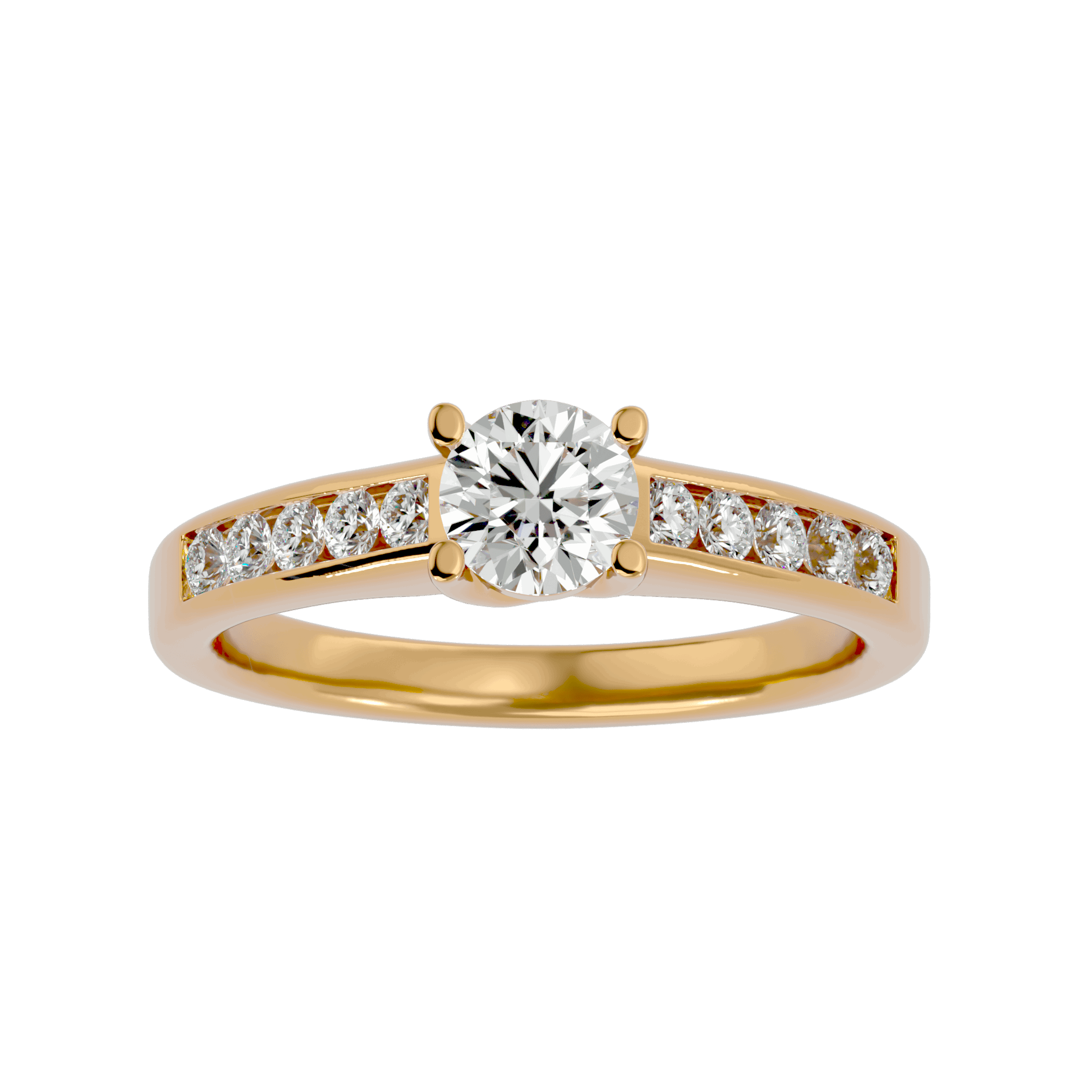 A gold diamond solitaire ring with smaller diamonds on the band, displayed against a green background.