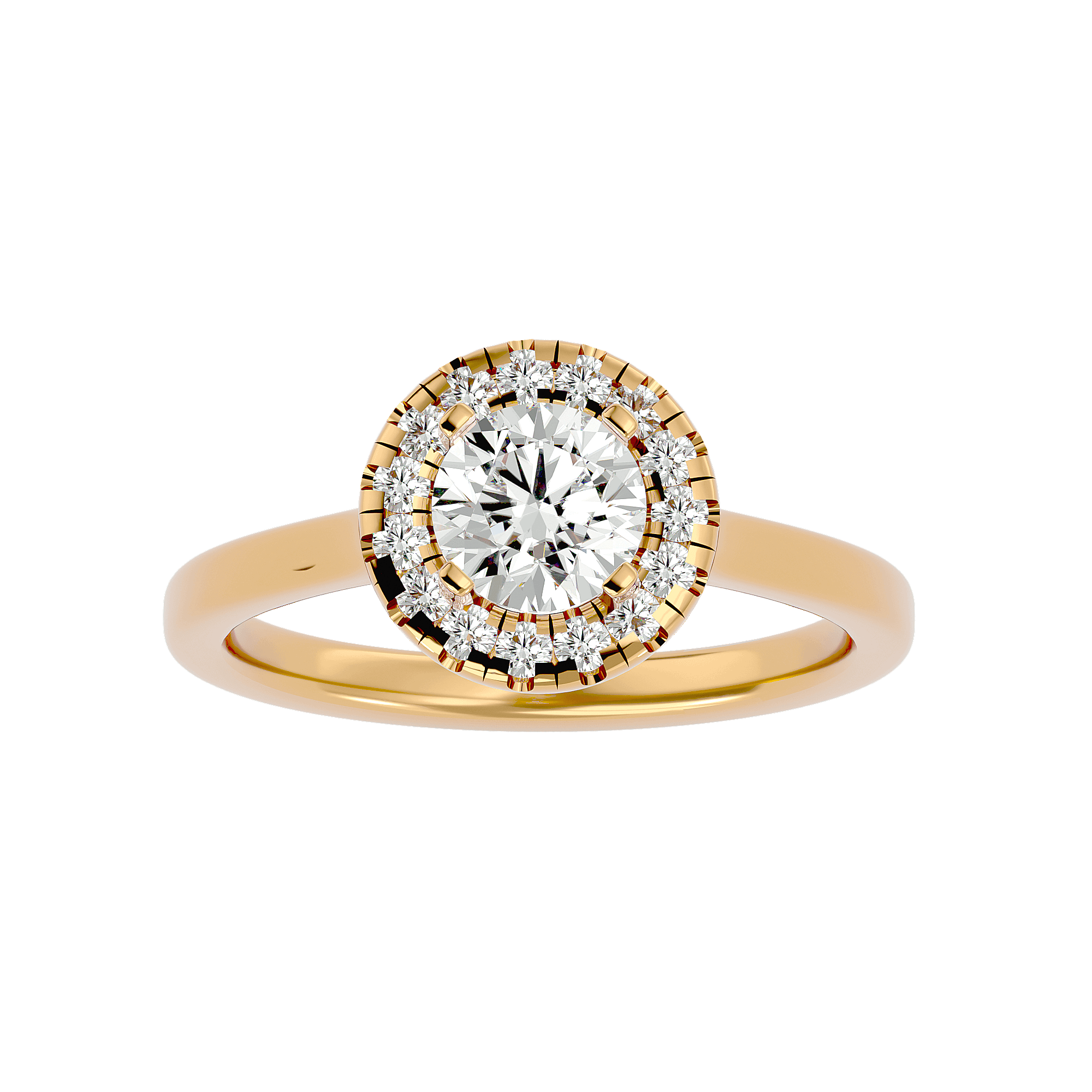 A gold diamond halo ring with a large central diamond surrounded by smaller diamonds on the band - Coretta Diamond Halo Ring