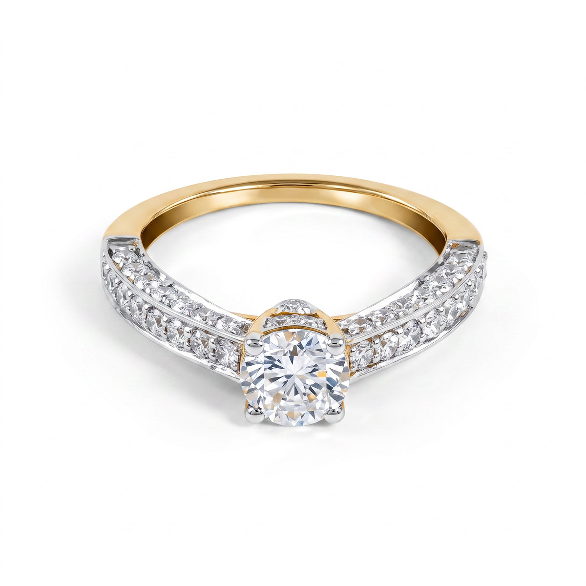 A yellow gold and white gold engagement ring featuring a round-cut diamond solitaire set in a four-prong setting, with pavé diamonds along a split shank, shown on a clean white background.