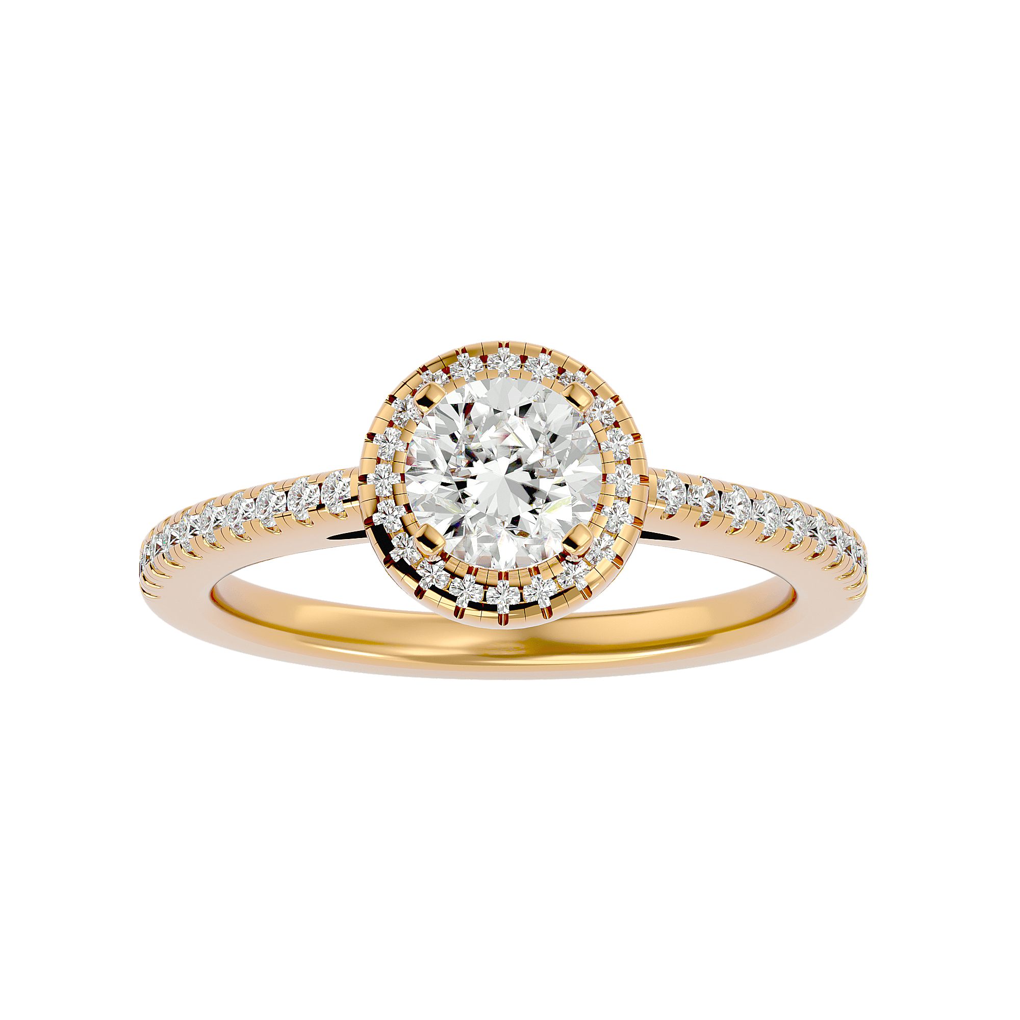 A round diamond halo ring with a gold band and smaller diamonds set in white gold.Daniella halo lab diamond solitaire ring with pavé band