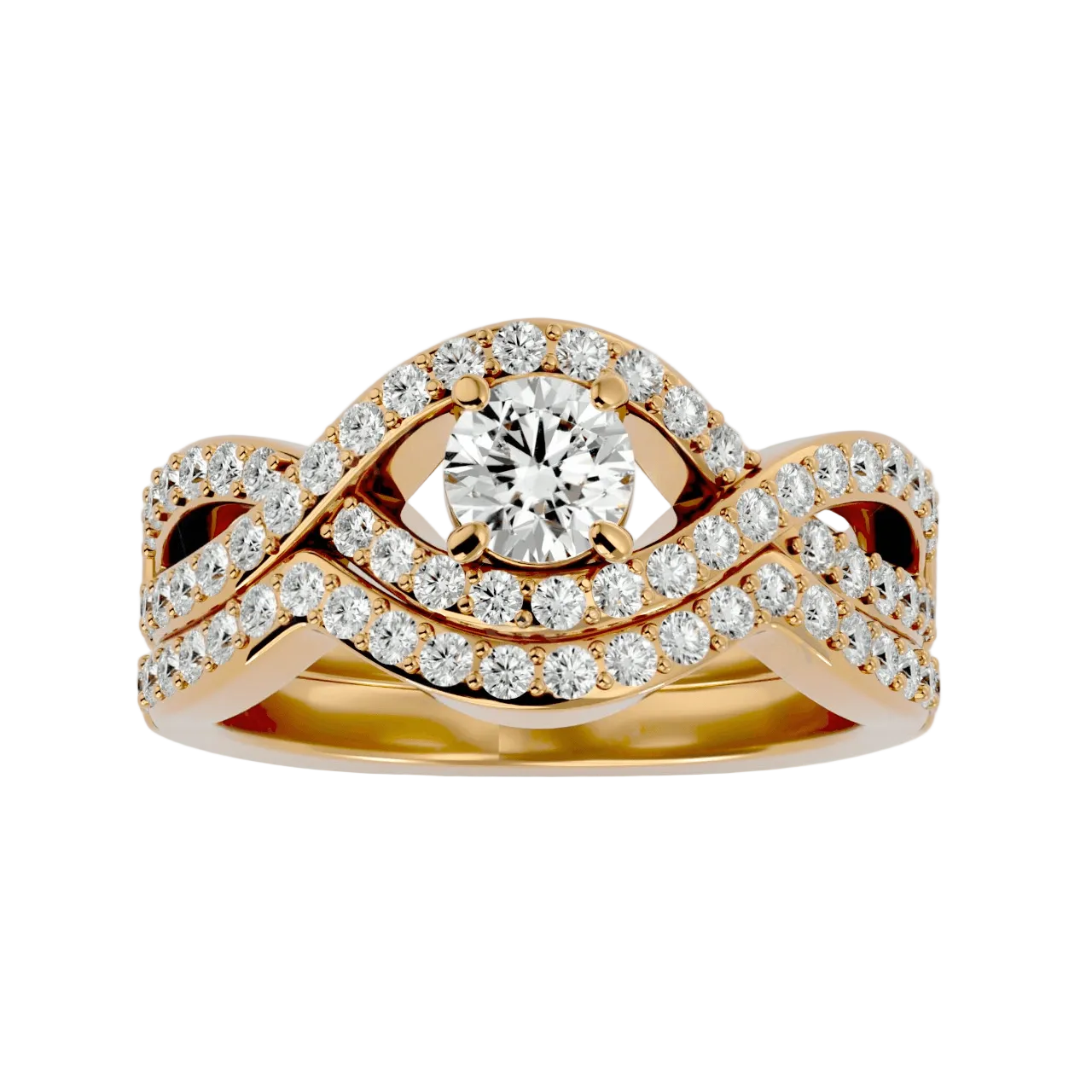 A diamond ring with multiple bands of inset stones set in a gold band, topped with a central diamond.