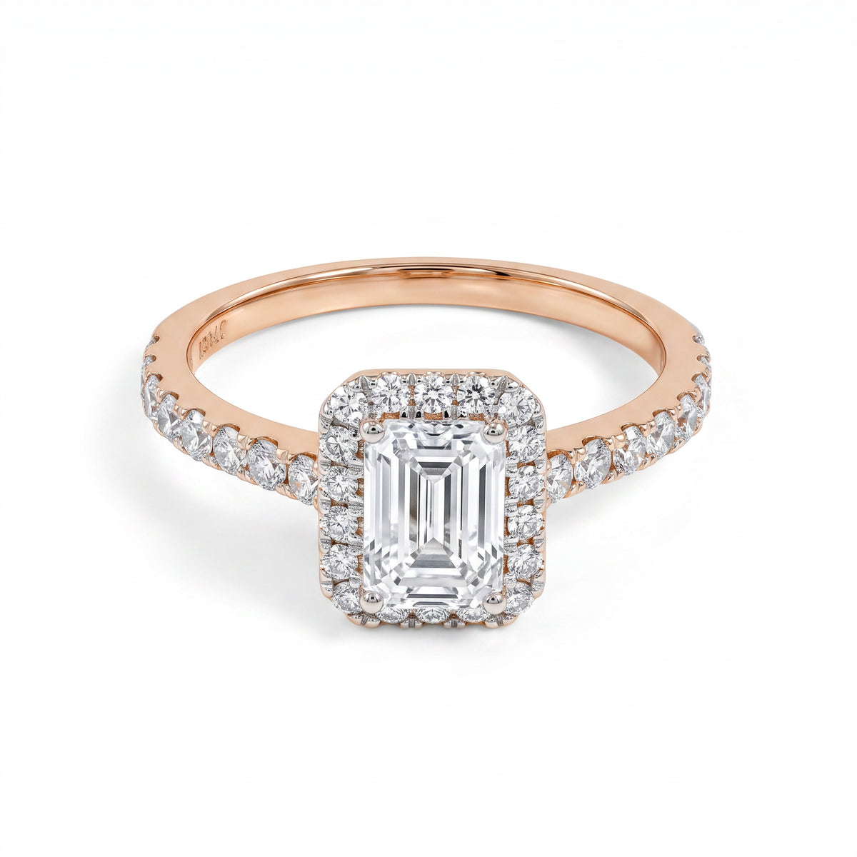A yellow gold engagement ring featuring a large emerald-cut center diamond surrounded by a double halo of smaller round diamonds, with a shank paved with round diamonds, shown on a clean white background.