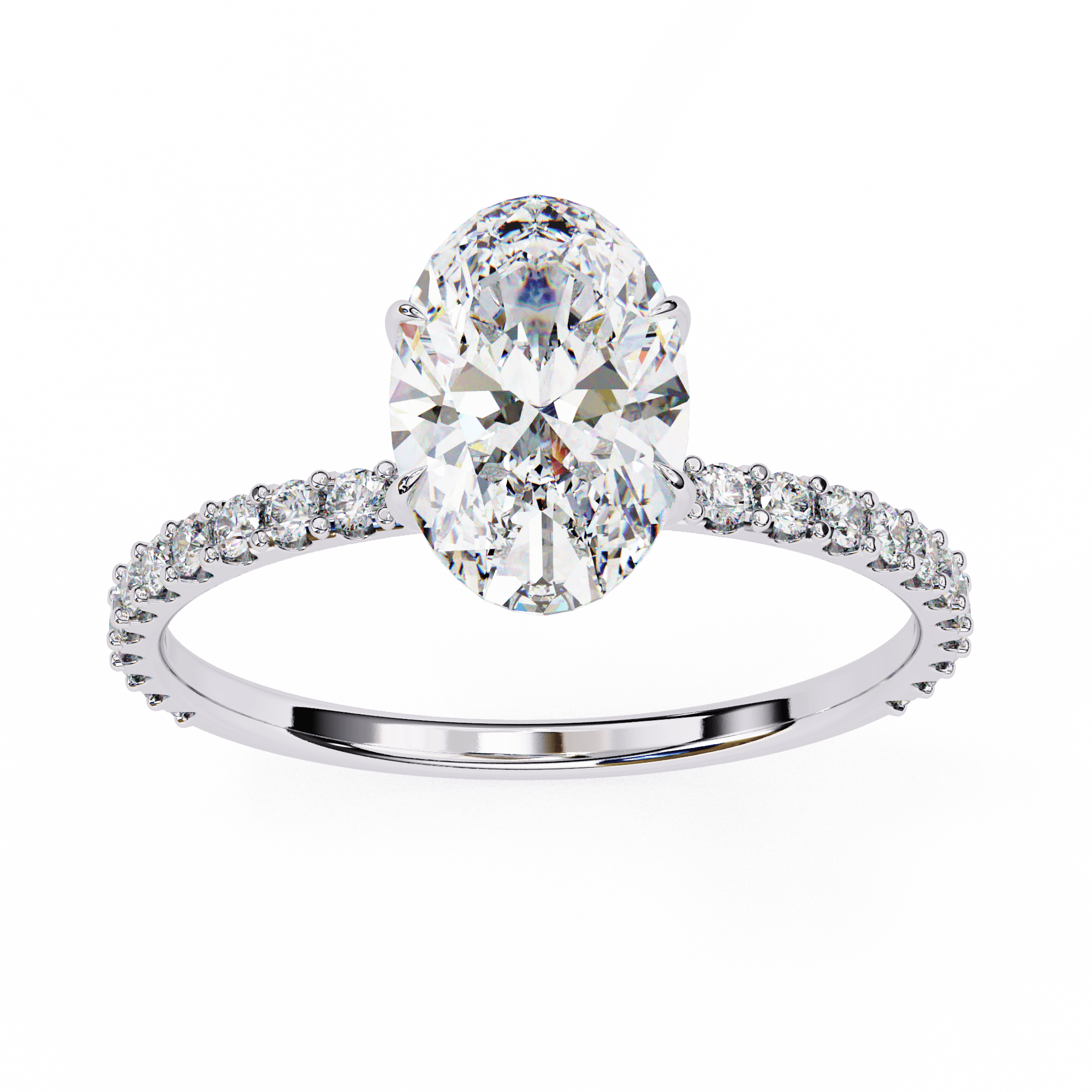 A diamond ring with a large central diamond and smaller surrounding diamonds set in a white gold band