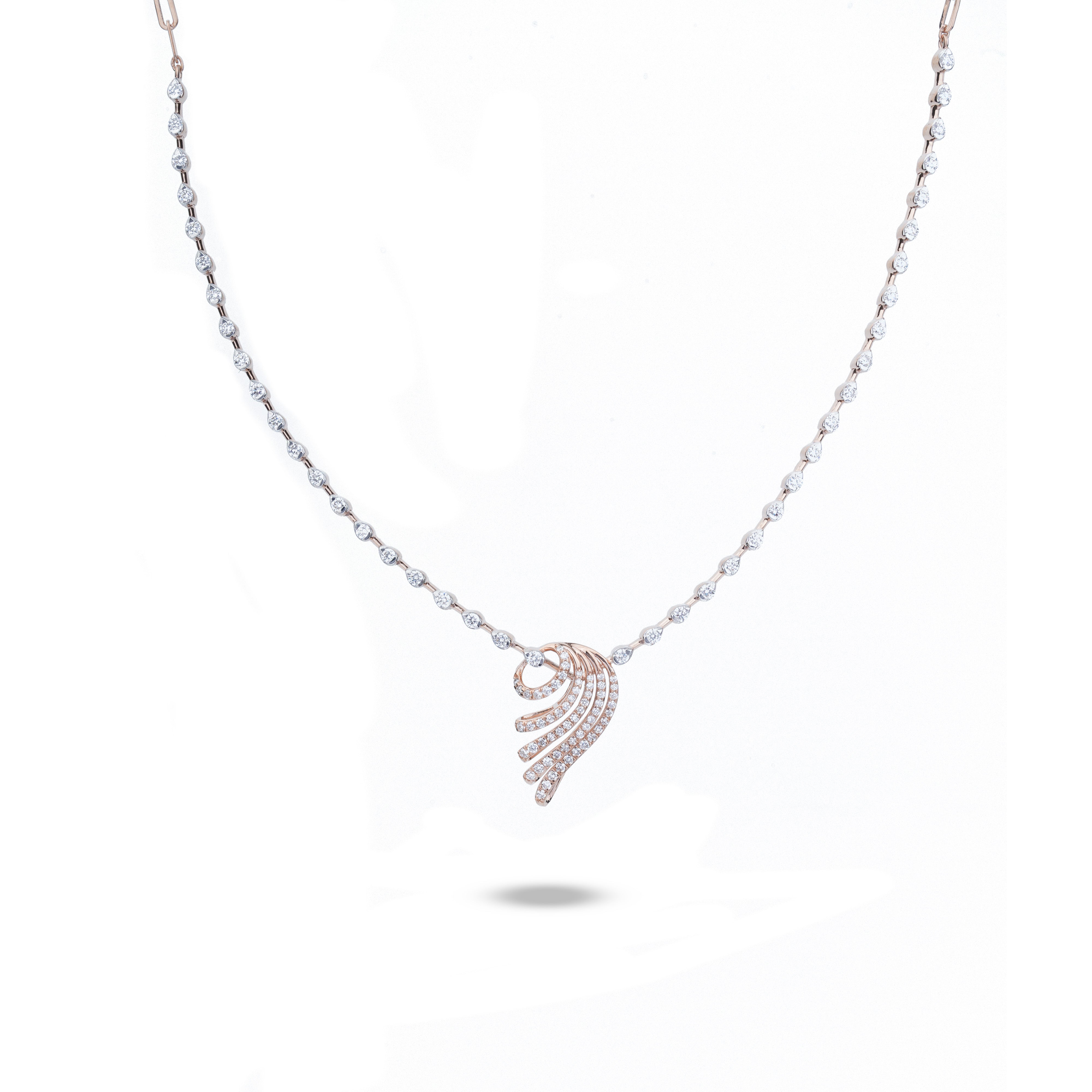 A delicate silver-toned beaded chain necklace featuring a small wing-shaped pendant paved with clear stones, shown against a plain white background.