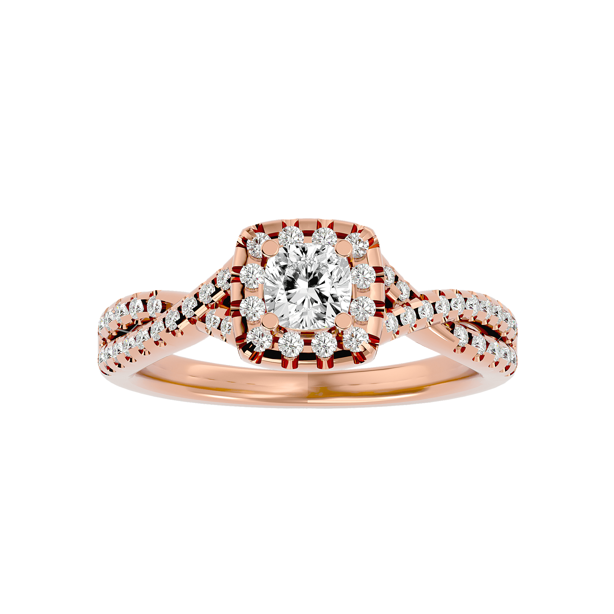 A rose gold diamond halo ring with a large central diamond surrounded by smaller diamonds on the band and halo. Gwyneth cushion halo lab diamond ring with twisted pavé band
