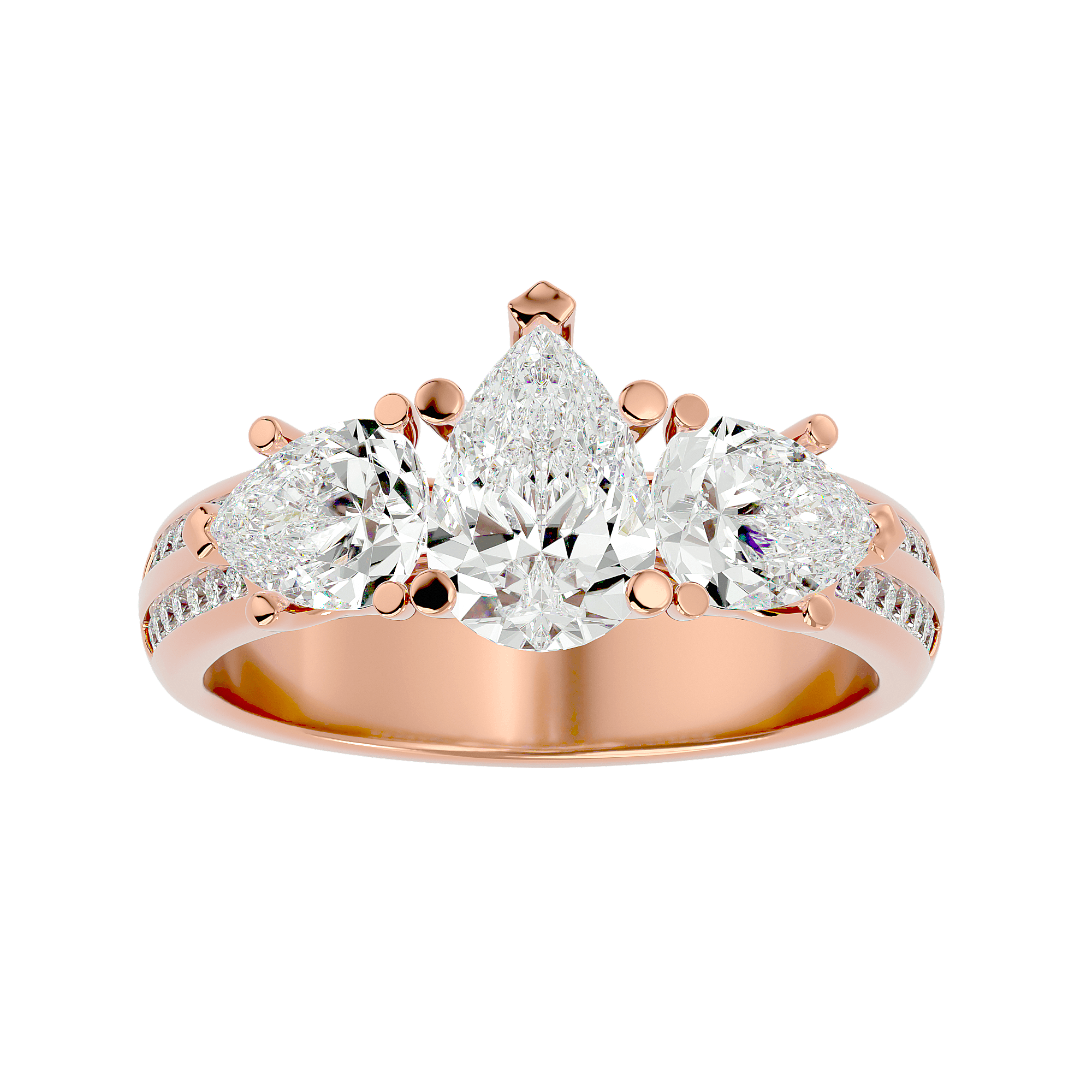A rose gold diamond ring with multiple stones, featuring a prominent central diamond.