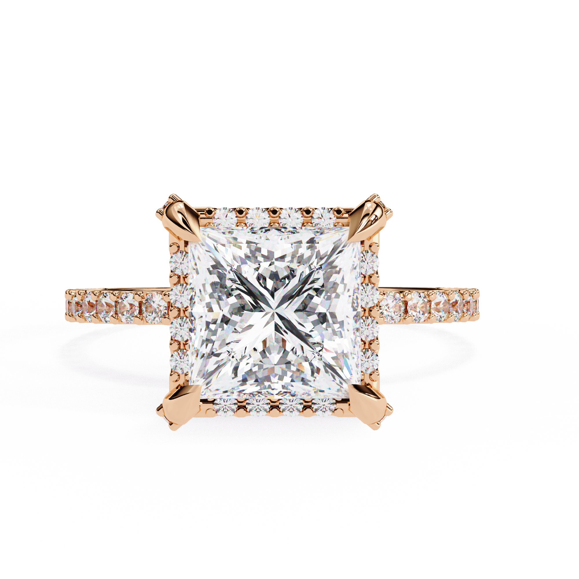 A rose gold diamond ring with a large central diamond surrounded by smaller diamonds on the band, set against a black background.