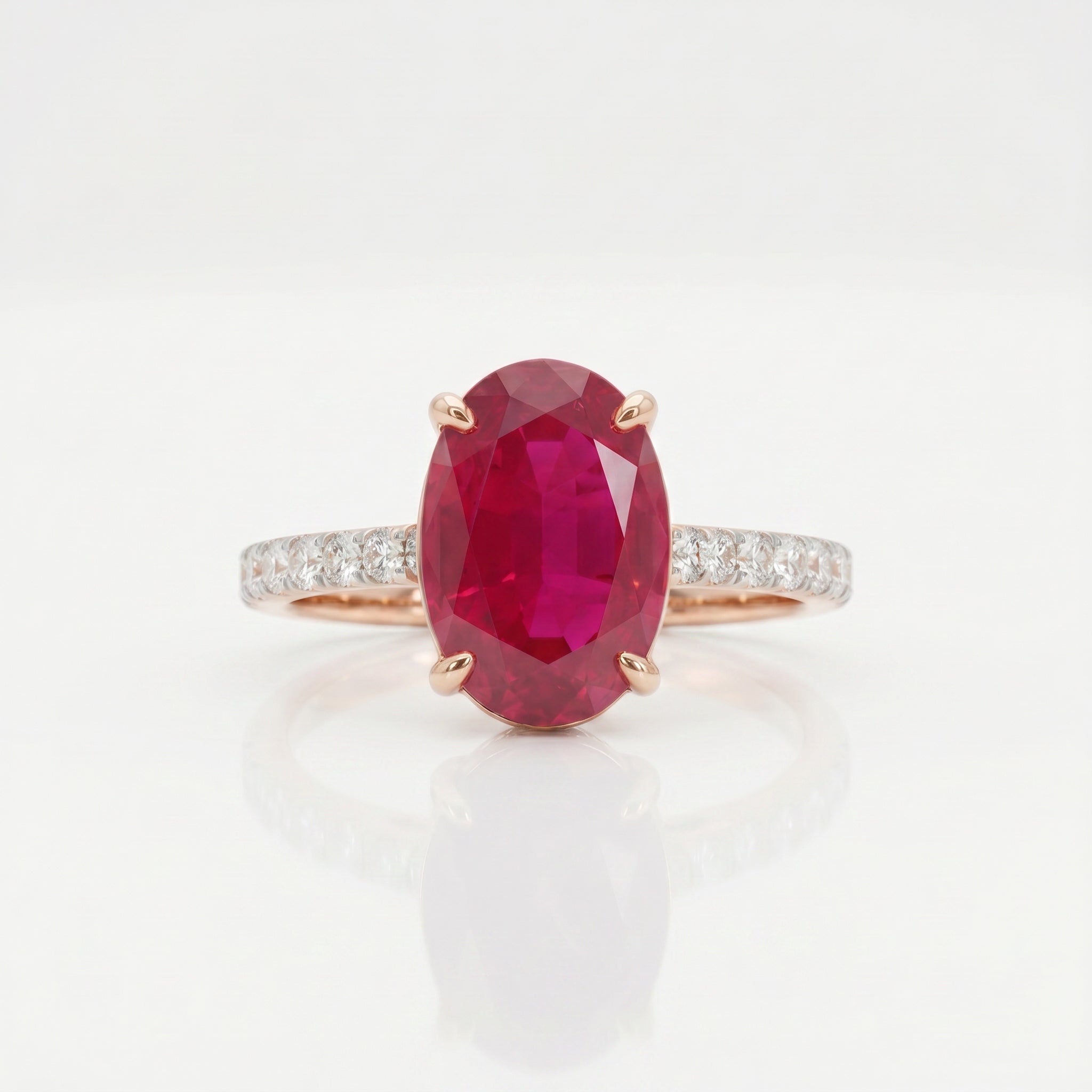 Oval cut ruby and diamond ring with round brilliant diamond band in rose gold by Glora Diamonds Chennai