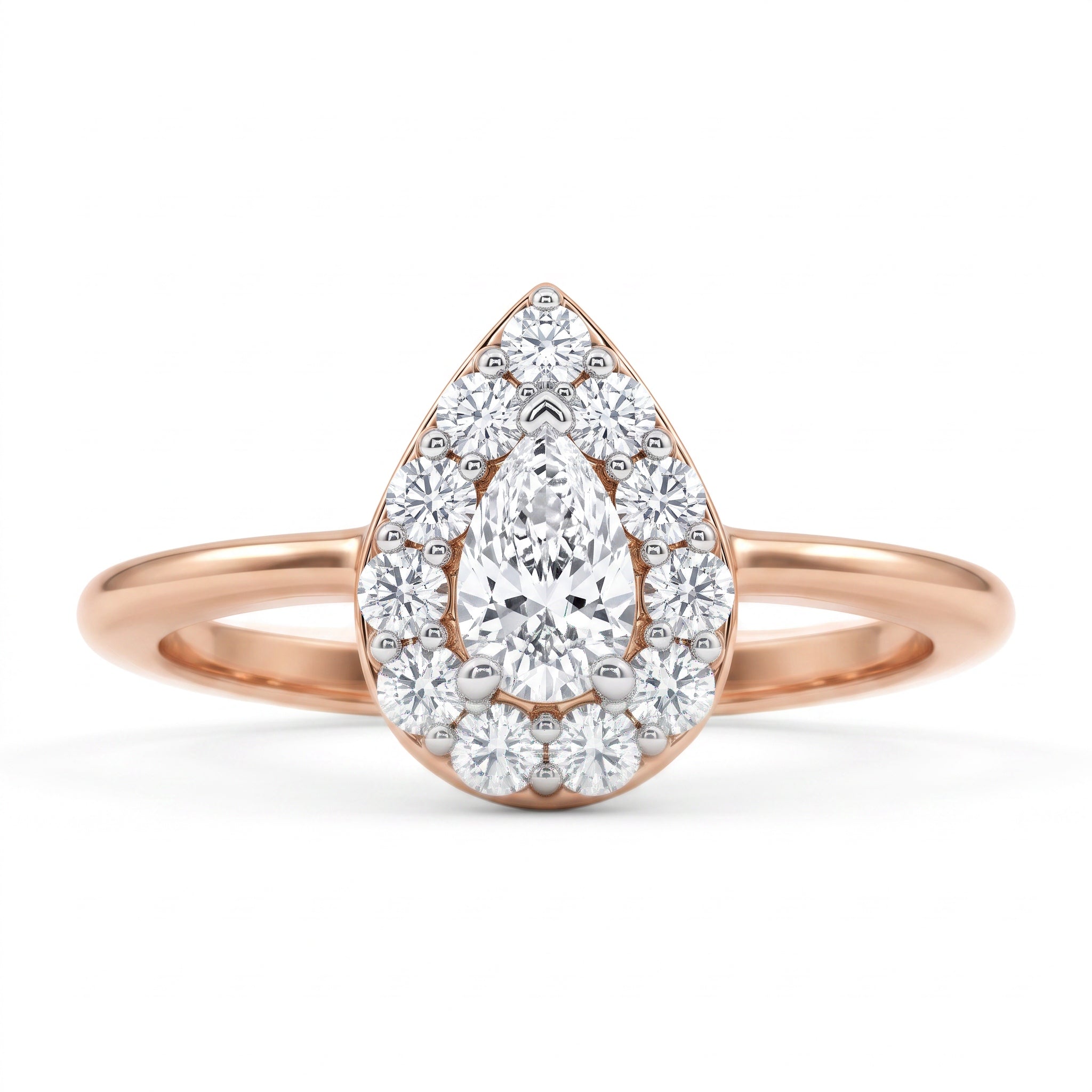 A rose gold ring featuring a teardrop-shaped halo of clear gemstones, including a central marquise-cut diamond, set against a clean white background.