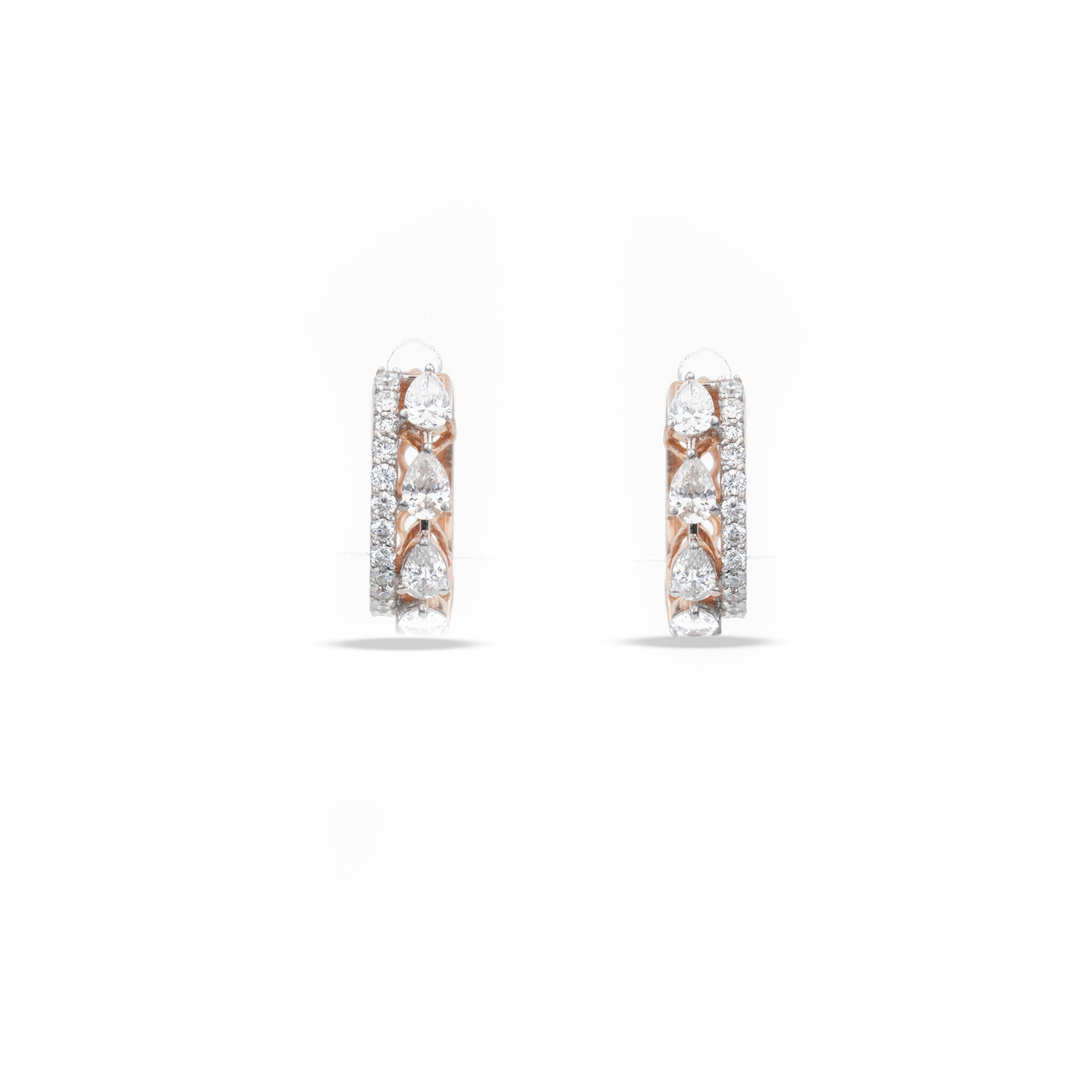 Pear Diamond Pavé Huggie Earrings in rose gold featuring pear-cut lab-grown diamonds with a sparkling pavé border.