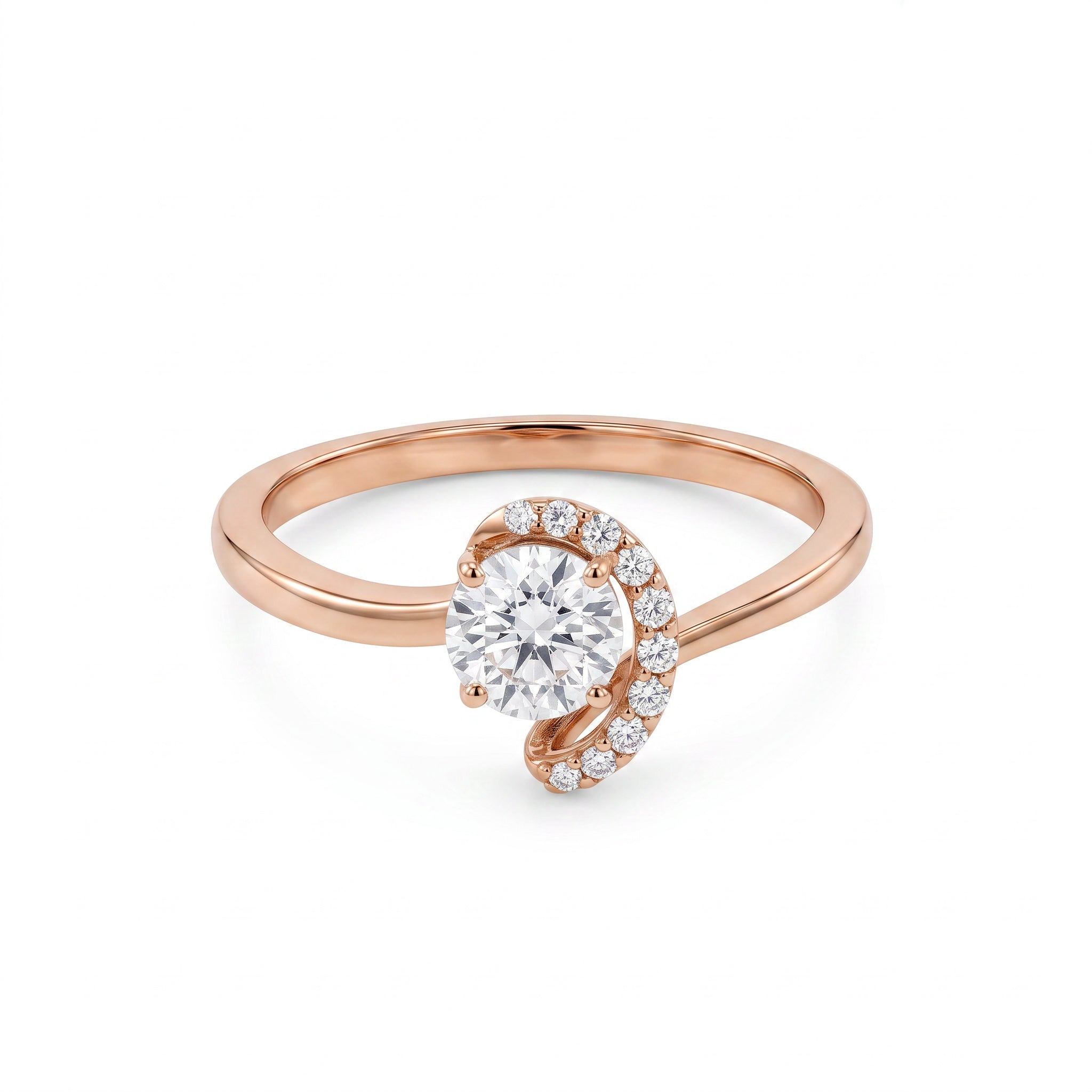 A rose gold engagement ring featuring a round-cut diamond center stone and a crescent-shaped halo of smaller diamonds, set on a clean white background.