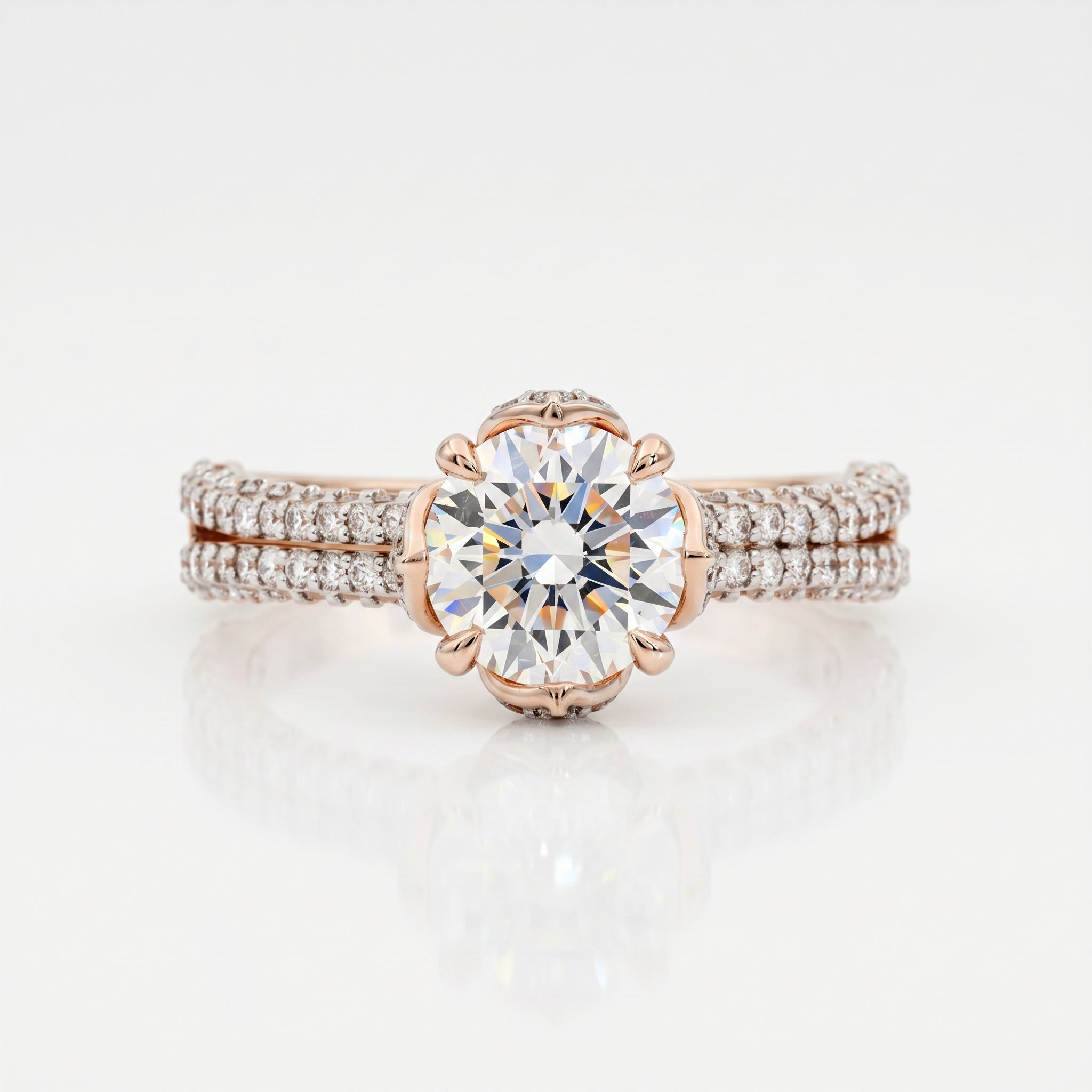 Round lab grown diamond solitaire ring with double pavé diamond band and prong setting by Glora Diamonds Chennai