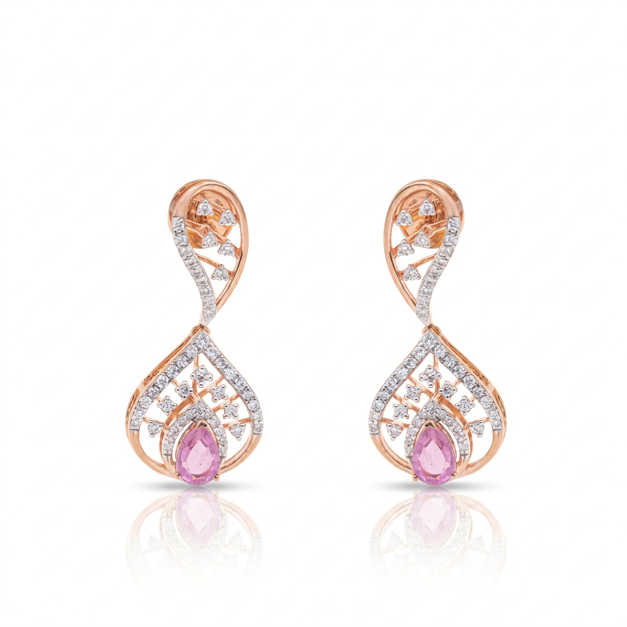 Rose gold earrings with pink gemstones on a white background