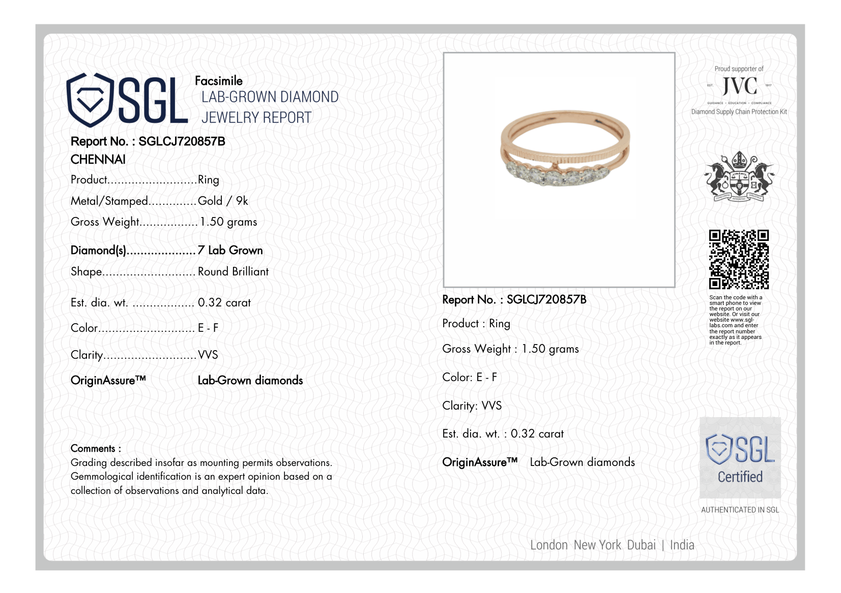 Jewelry report for a gold ring with lab-grown diamonds, featuring SGL and IVD logos.