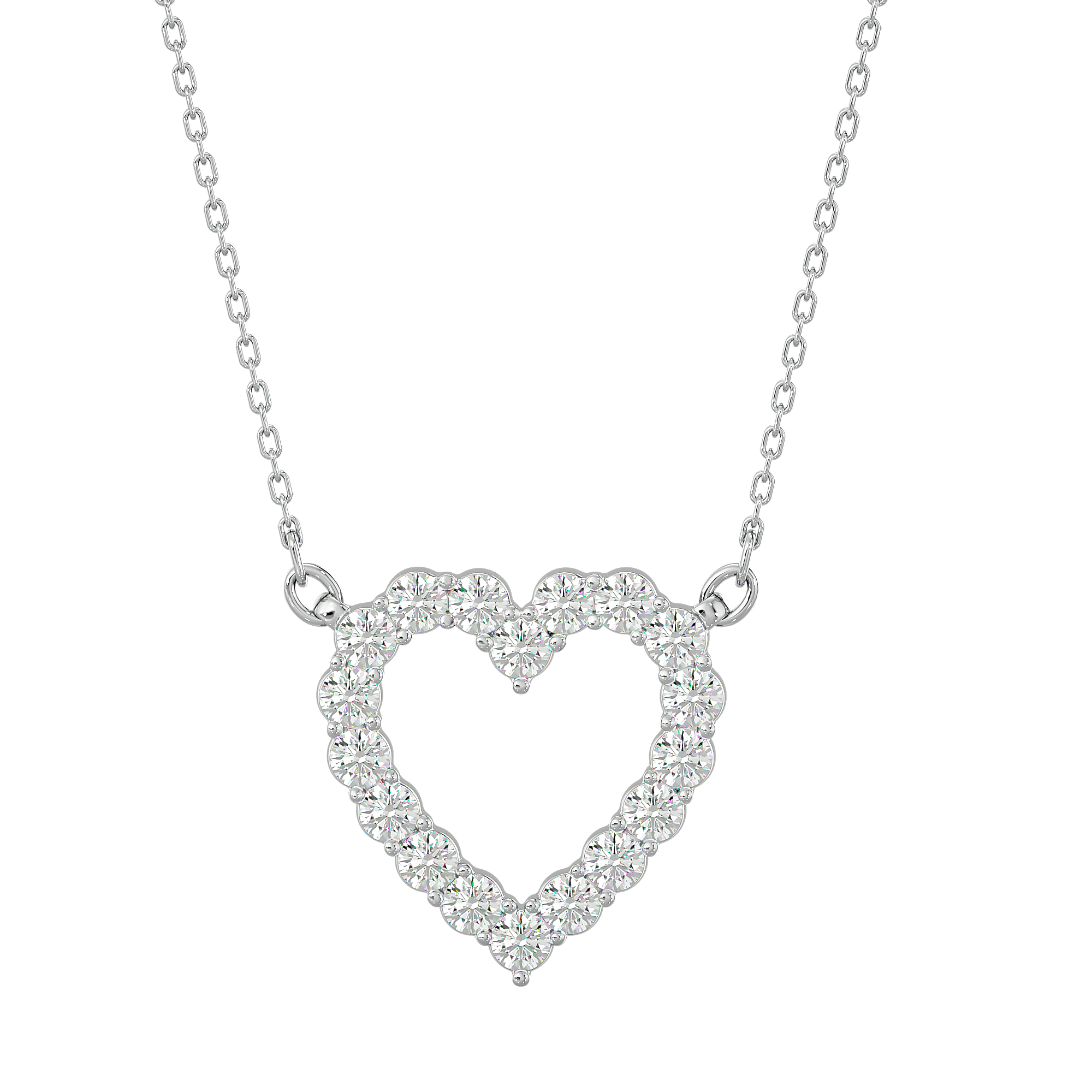 A heart-shaped diamond pendant necklace on a chain, with the pendant featuring a series of smaller round diamonds set in a larger heart-shaped outline.