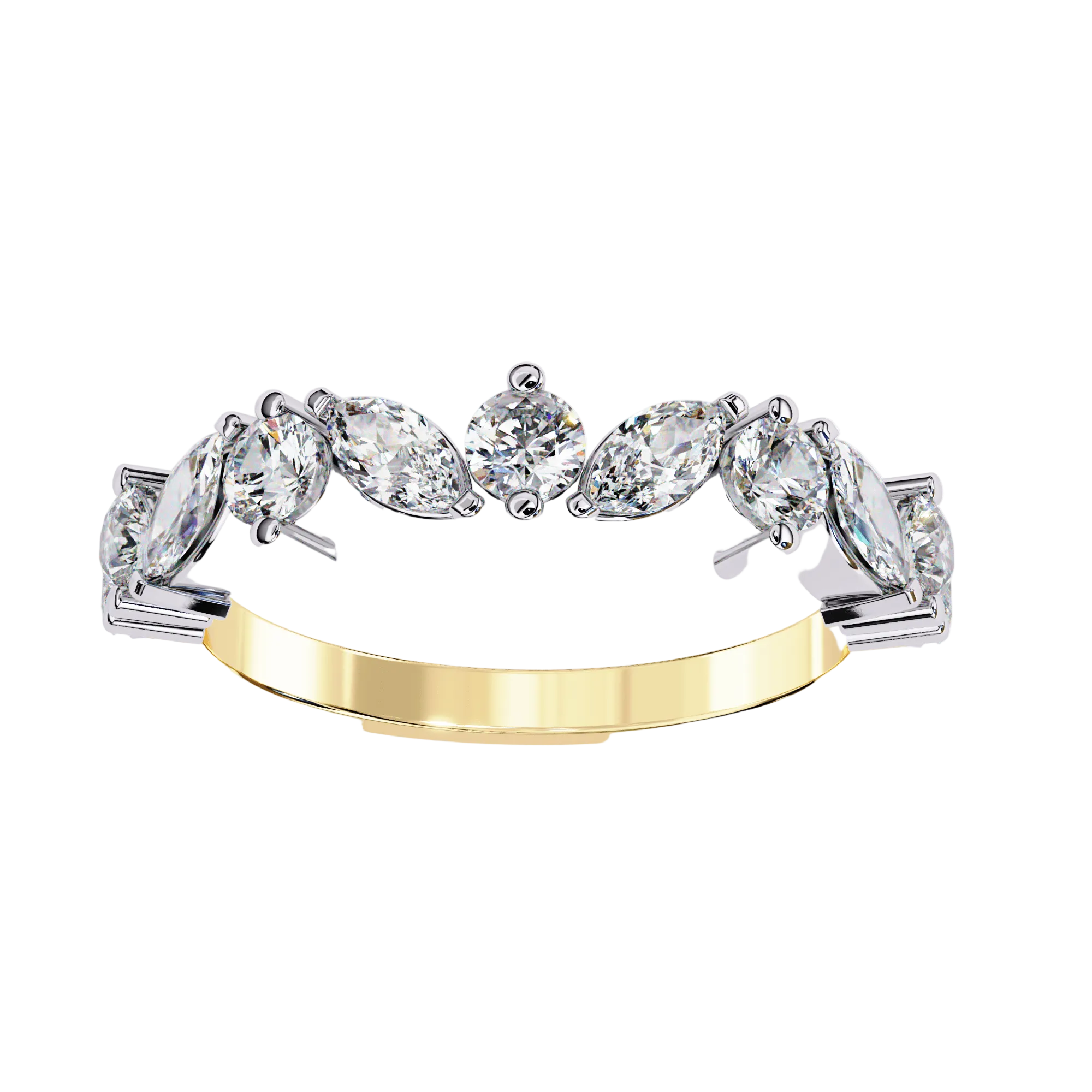 A diamond band ring with a gold band and multiple diamond encrusted rings on the band.