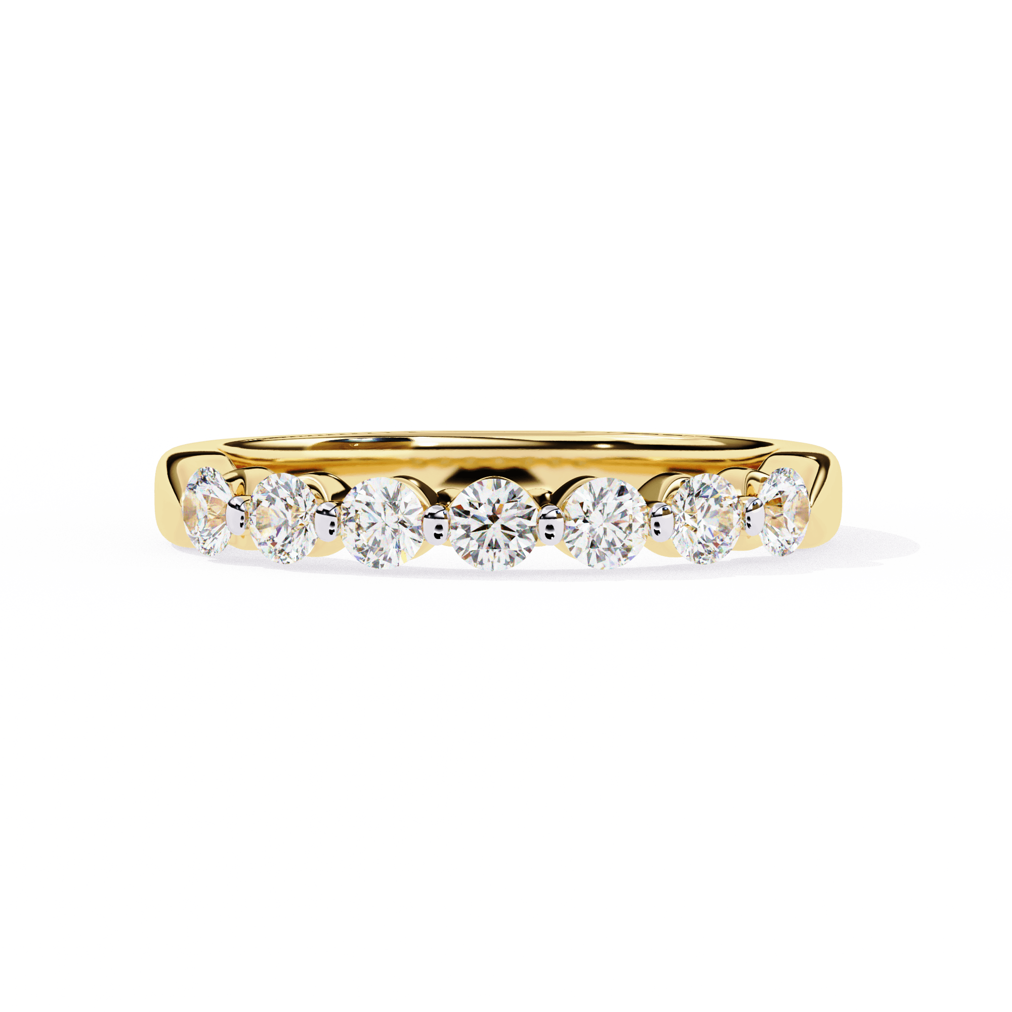 A gold band diamond ring with multiple stones set in a row, displayed against a white and black background.