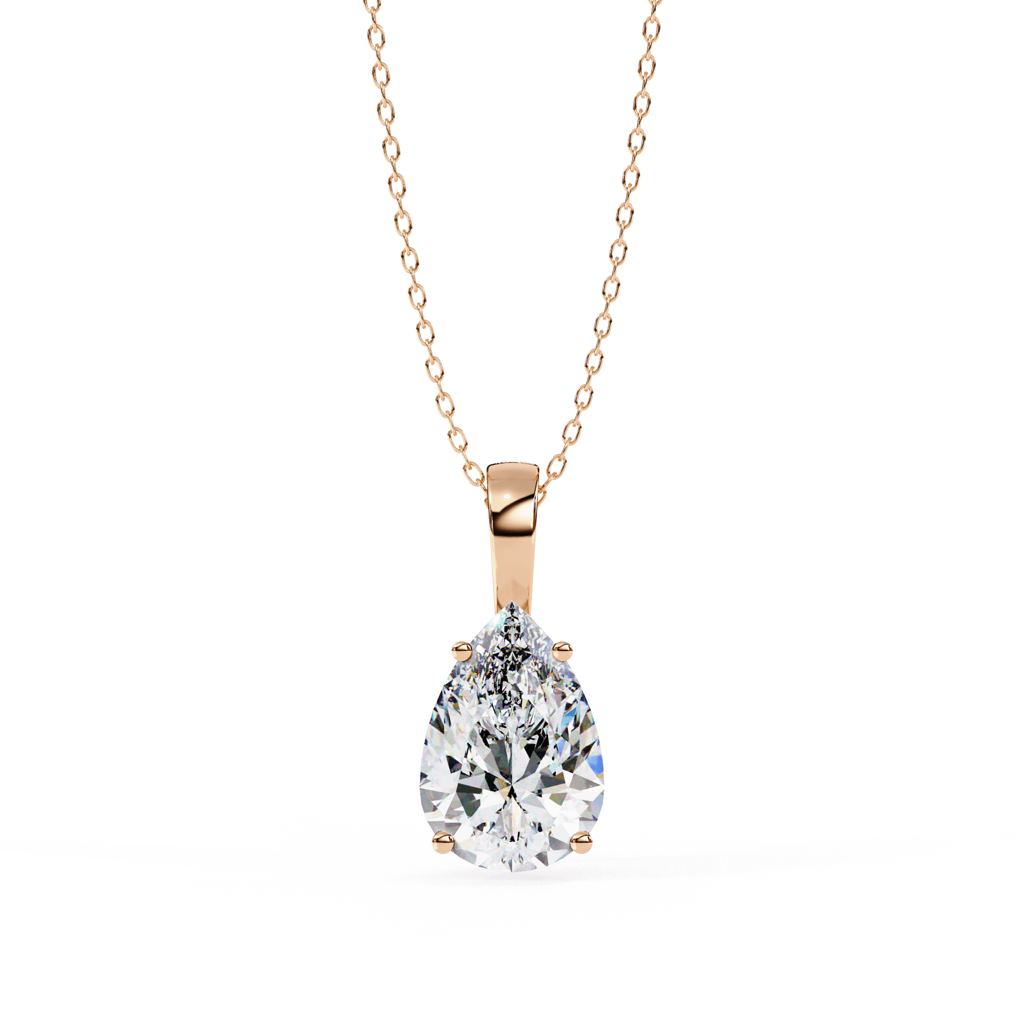 A diamond pendant with a gold chain, featuring a single, large, clear diamond centerpiece.