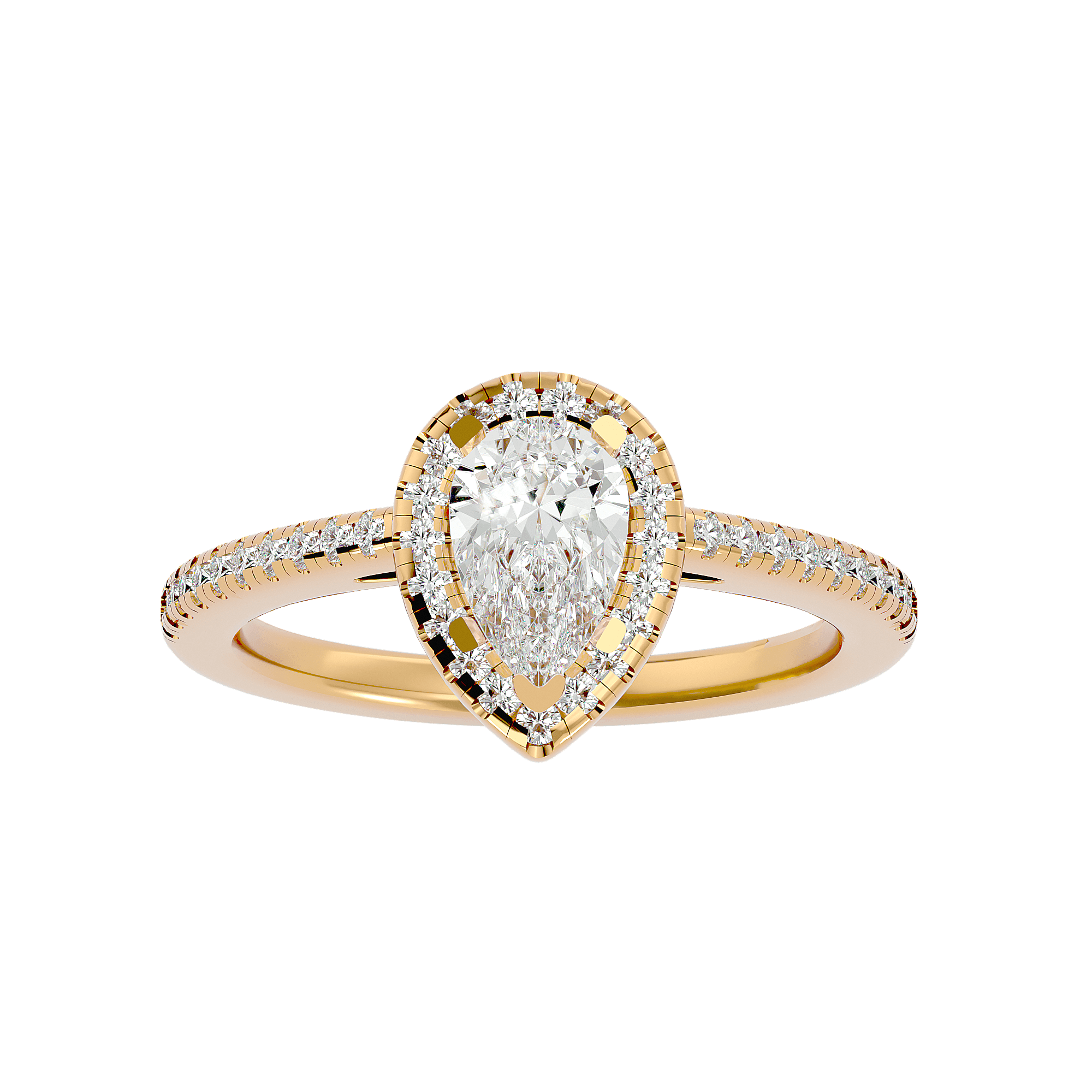 A gold diamond ring with a large central diamond surrounded by smaller diamonds on the band, presented against a black background.