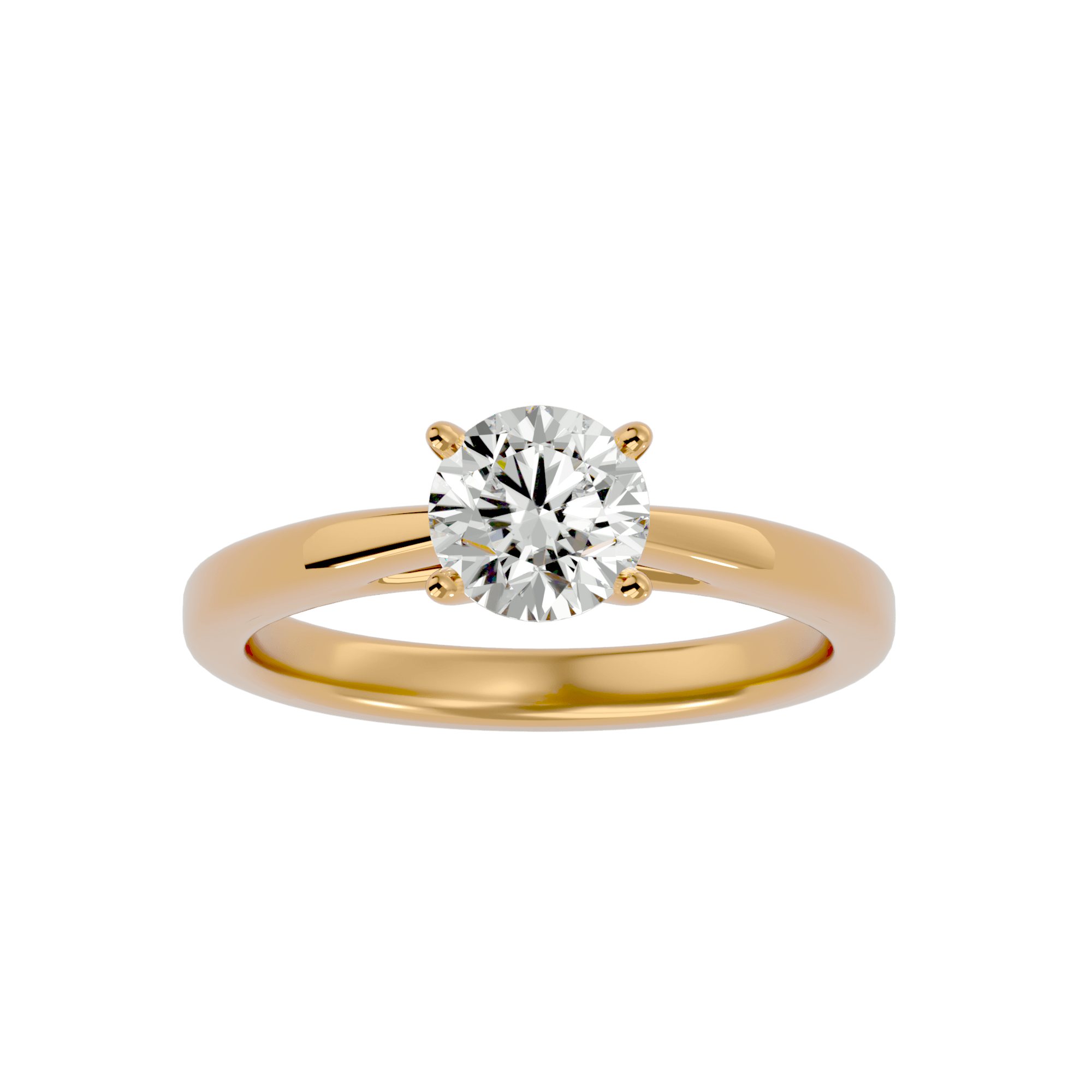 A single solitaire diamond ring with a round diamond set in a gold band.