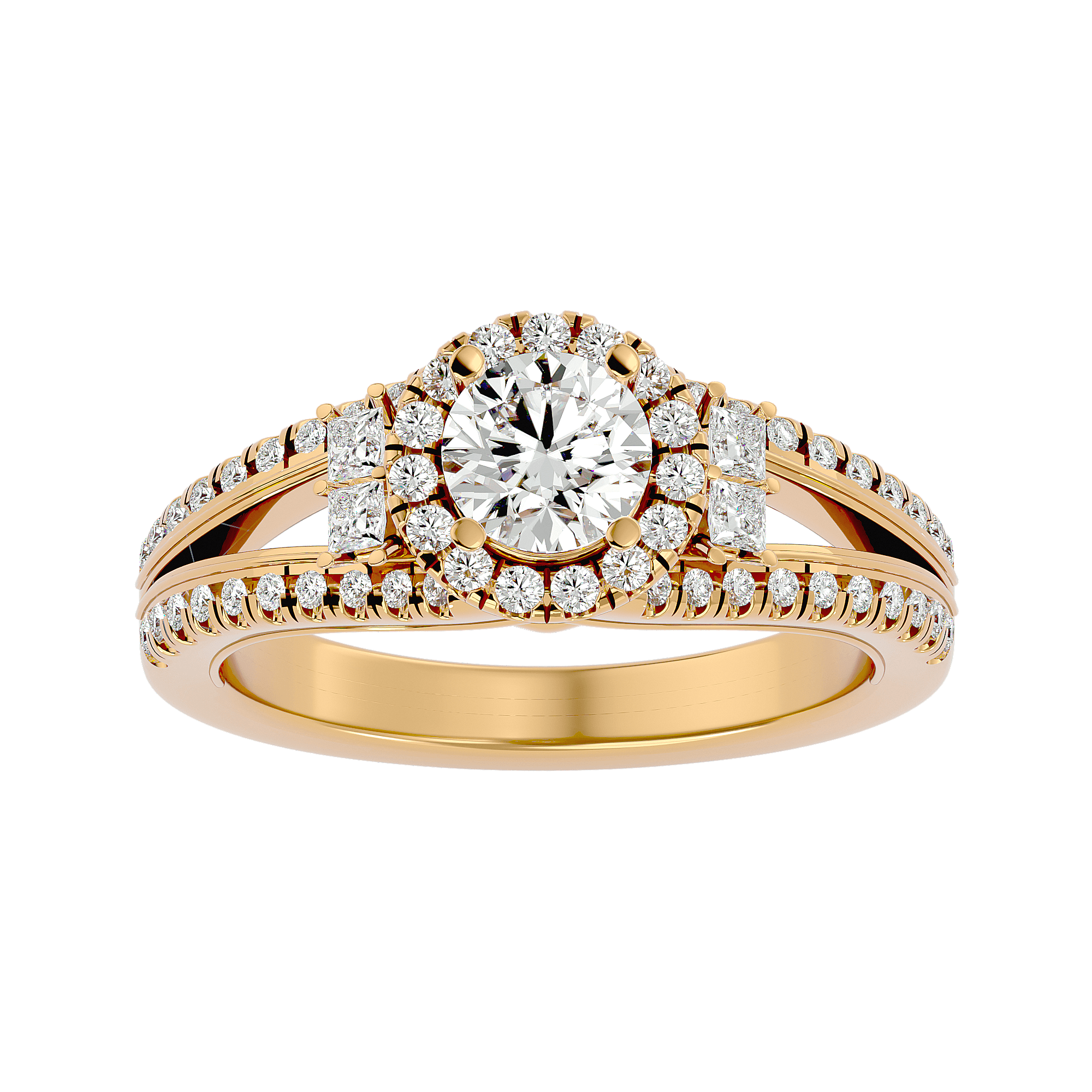 A gold-colored diamond halo ring with a central halo of set diamonds and a smaller diamond band