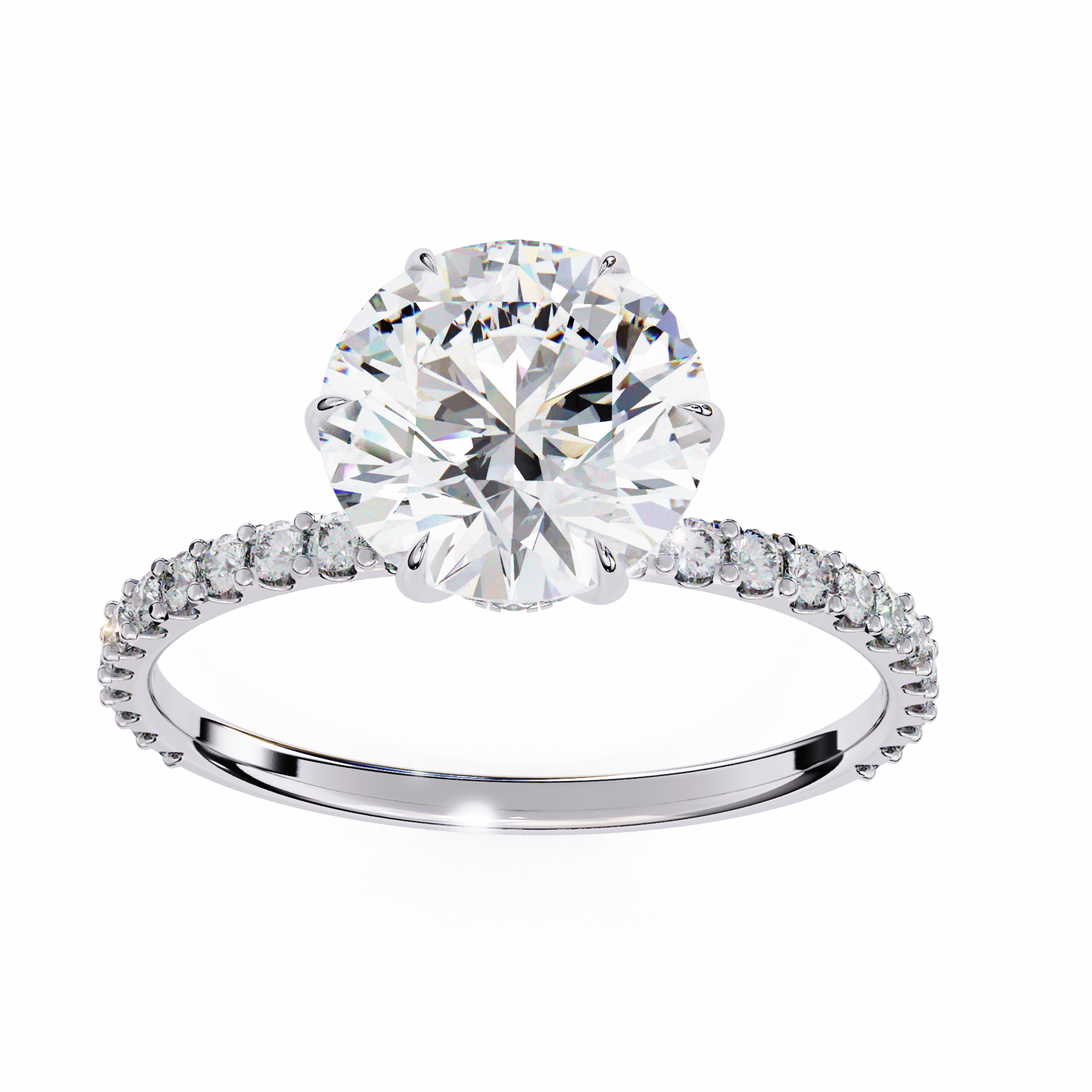 A round diamond ring with a white gold band and smaller diamonds set around the top edge.