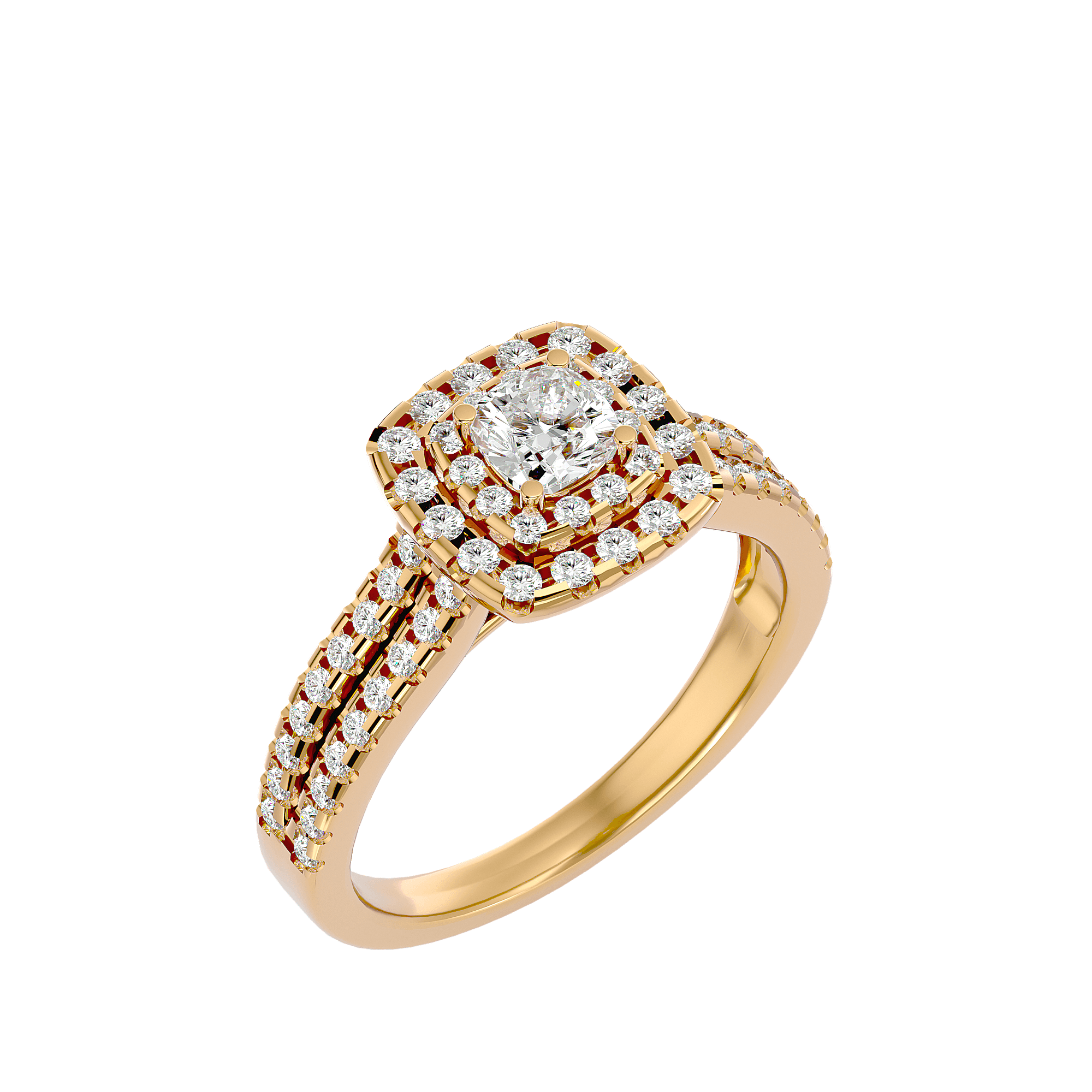 A gold diamond halo ring with multiple bands encircling a central diamond.