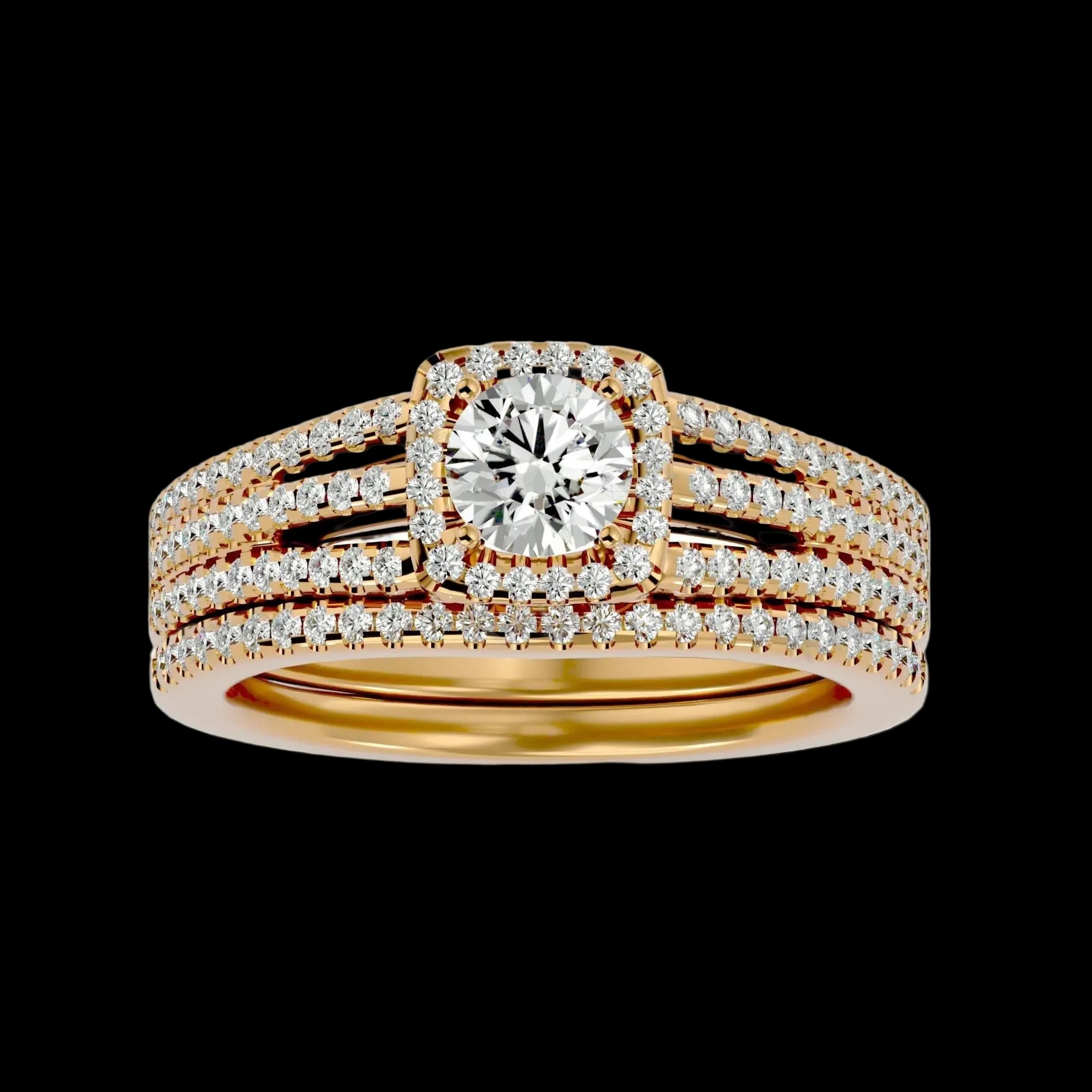 A diamond ring with a gold band, featuring smaller diamonds set around the main diamond in a coordinating design.