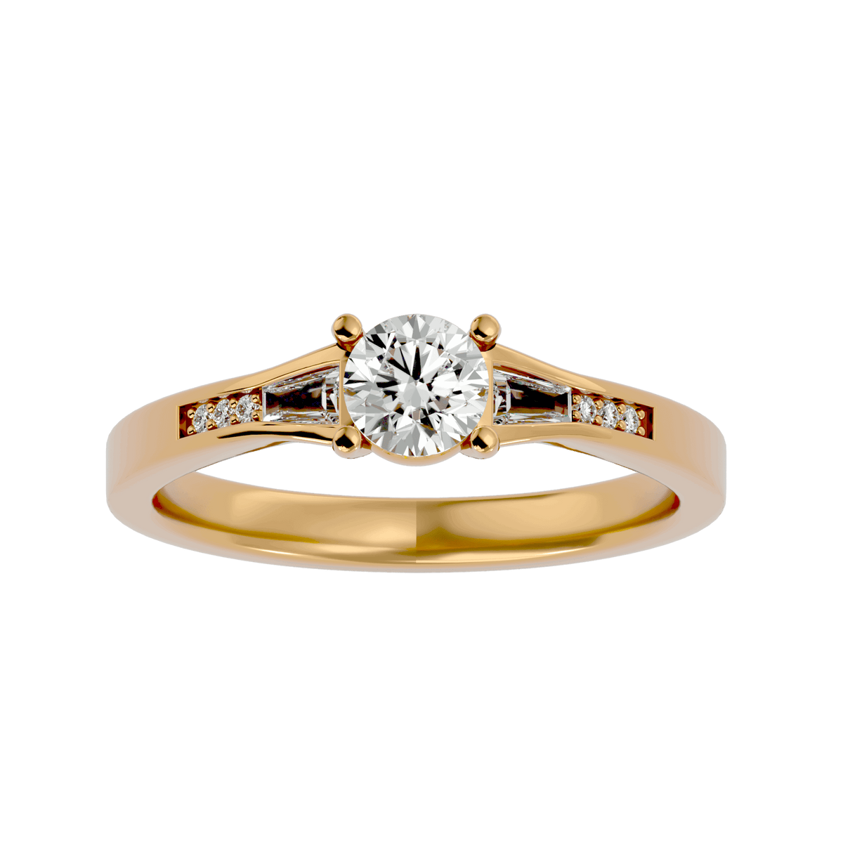 The Betsy Diamond Solitaire Ring brings back the iconic 80s charm with its bold three-stone look. A brilliant round lab grown diamond shines at the center, framed by tapered baguette and round accent stones for a clean, structured finish.