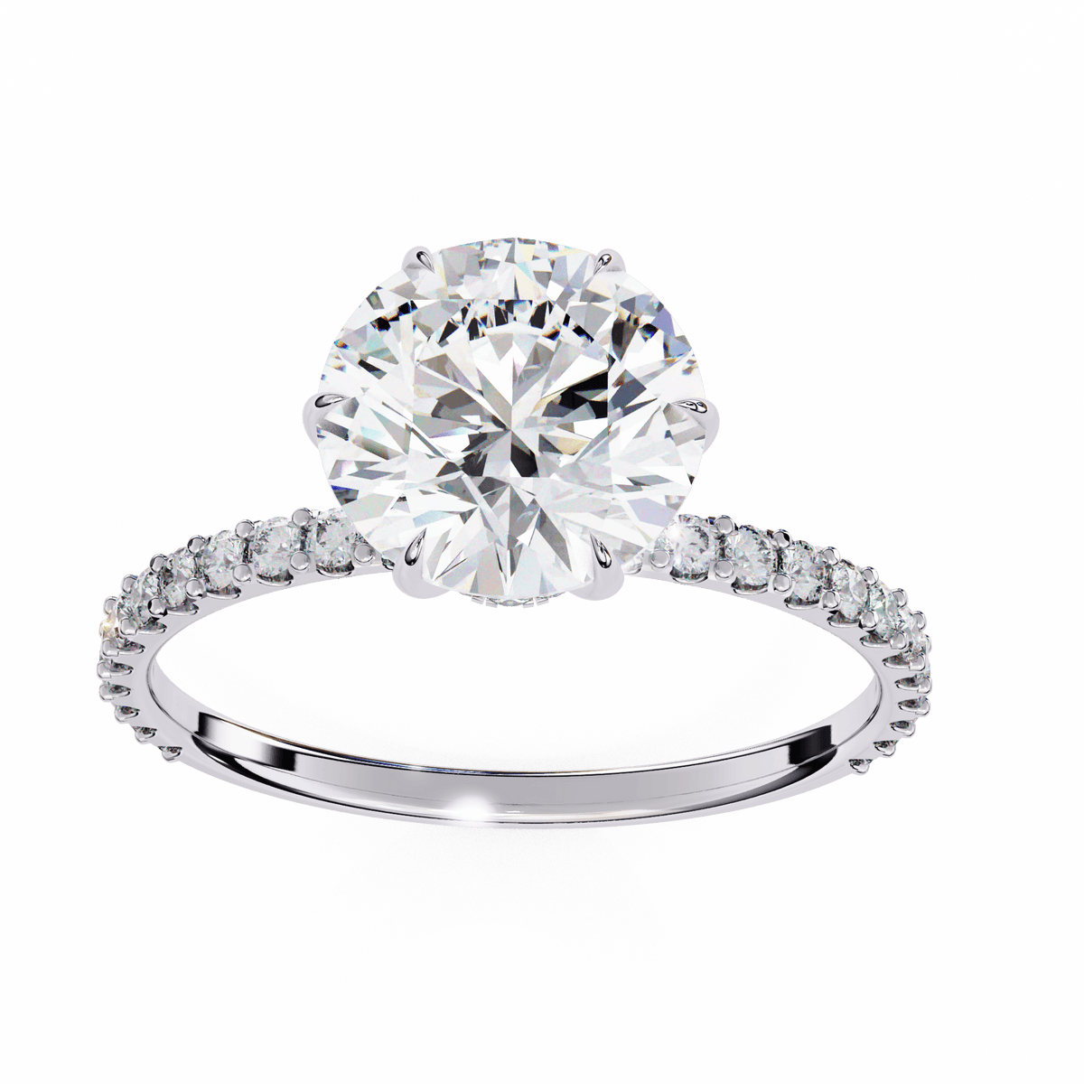 A round diamond ring with a white gold band and smaller diamonds set around the top edge.