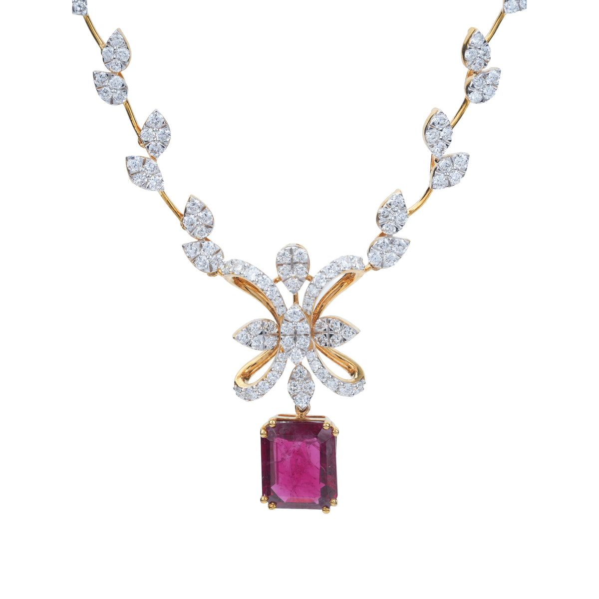 Floral Diamond Necklace with Pink Gemstone – product image 3