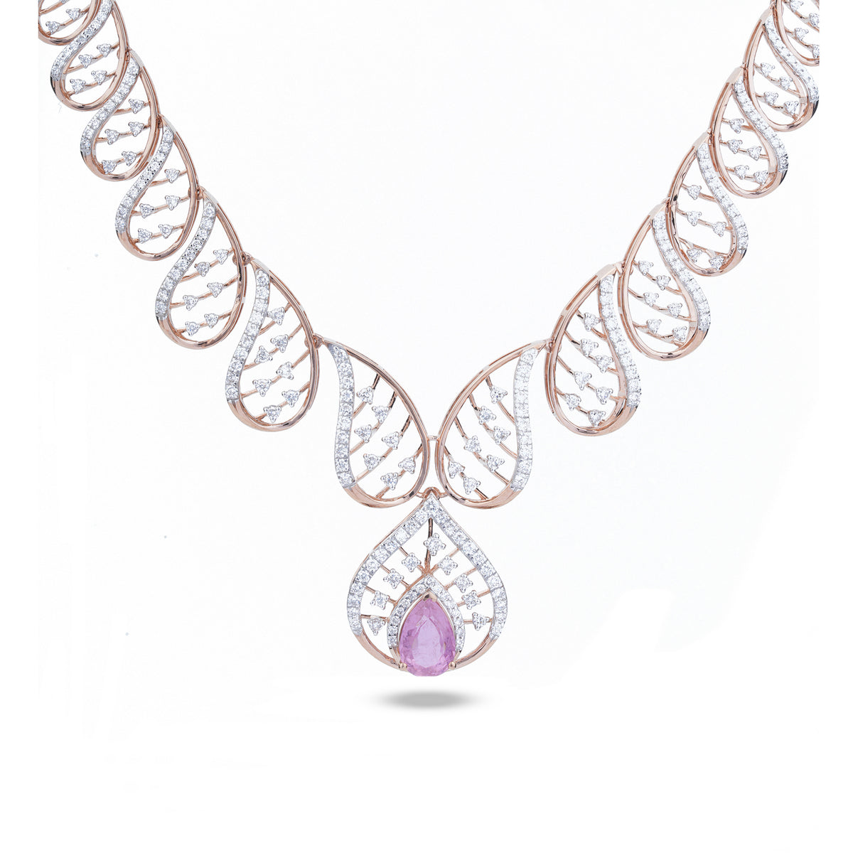 Rose Gold Diamond Necklace with leaf-inspired diamond design and pear-shaped pink gemstone pendant.
