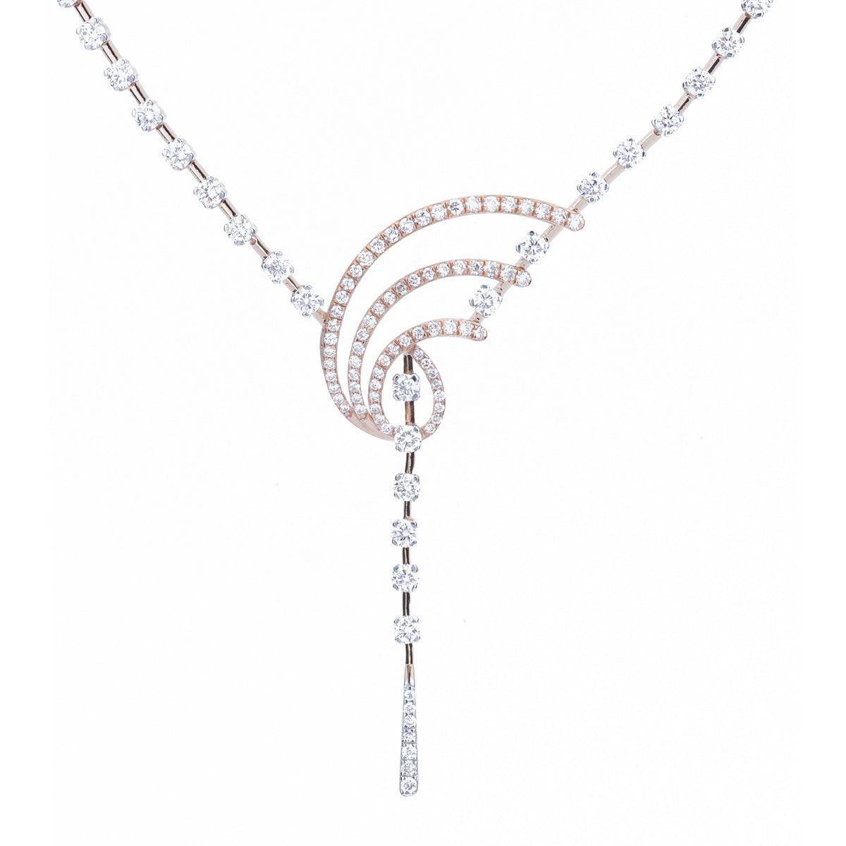 A delicate Y-shaped necklace featuring a central triple-curve pendant pavé-set with clear round stones, flanked by matching clear stone chain segments on a plain white background.