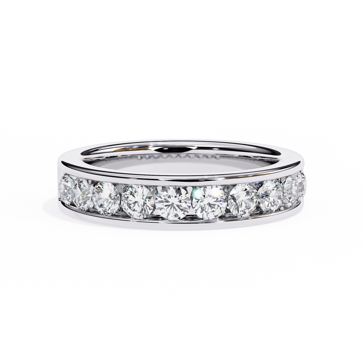 A diamond band ring with a white gold band and multiple diamonds set around the top.