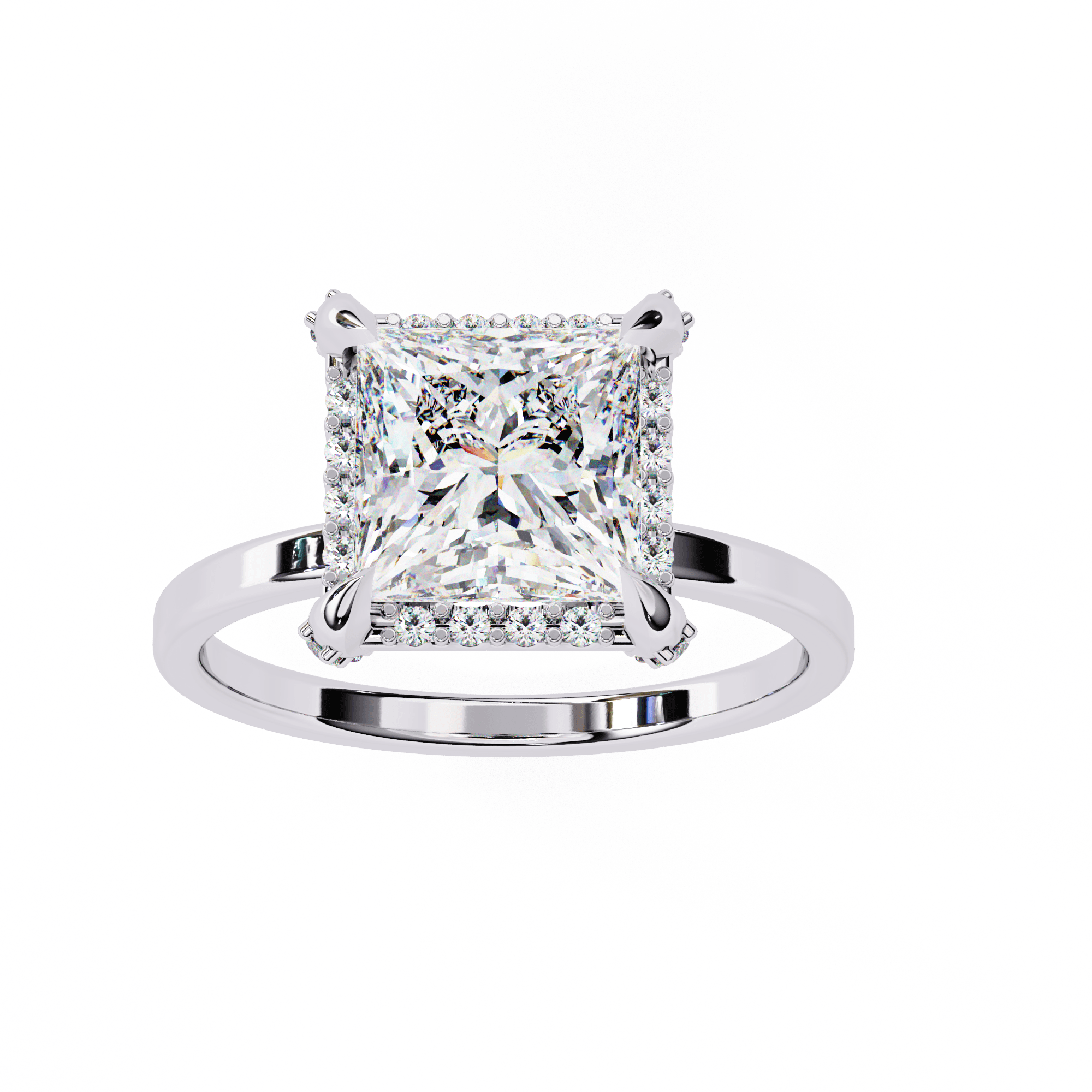 A princess-cut diamond ring with smaller diamonds on the band, set in white gold.