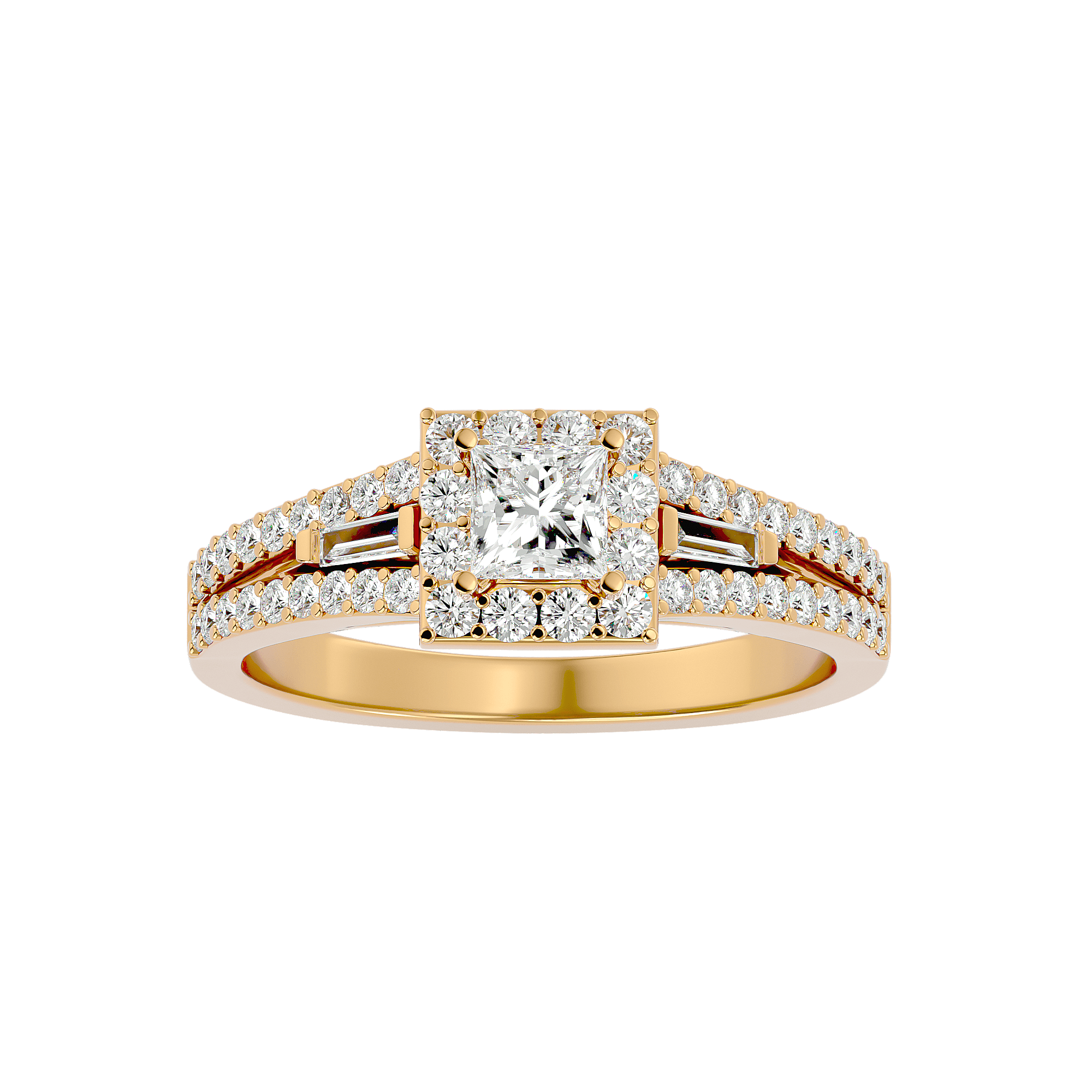 A gold diamond halo ring with multiple stones, featuring a large central diamond.
