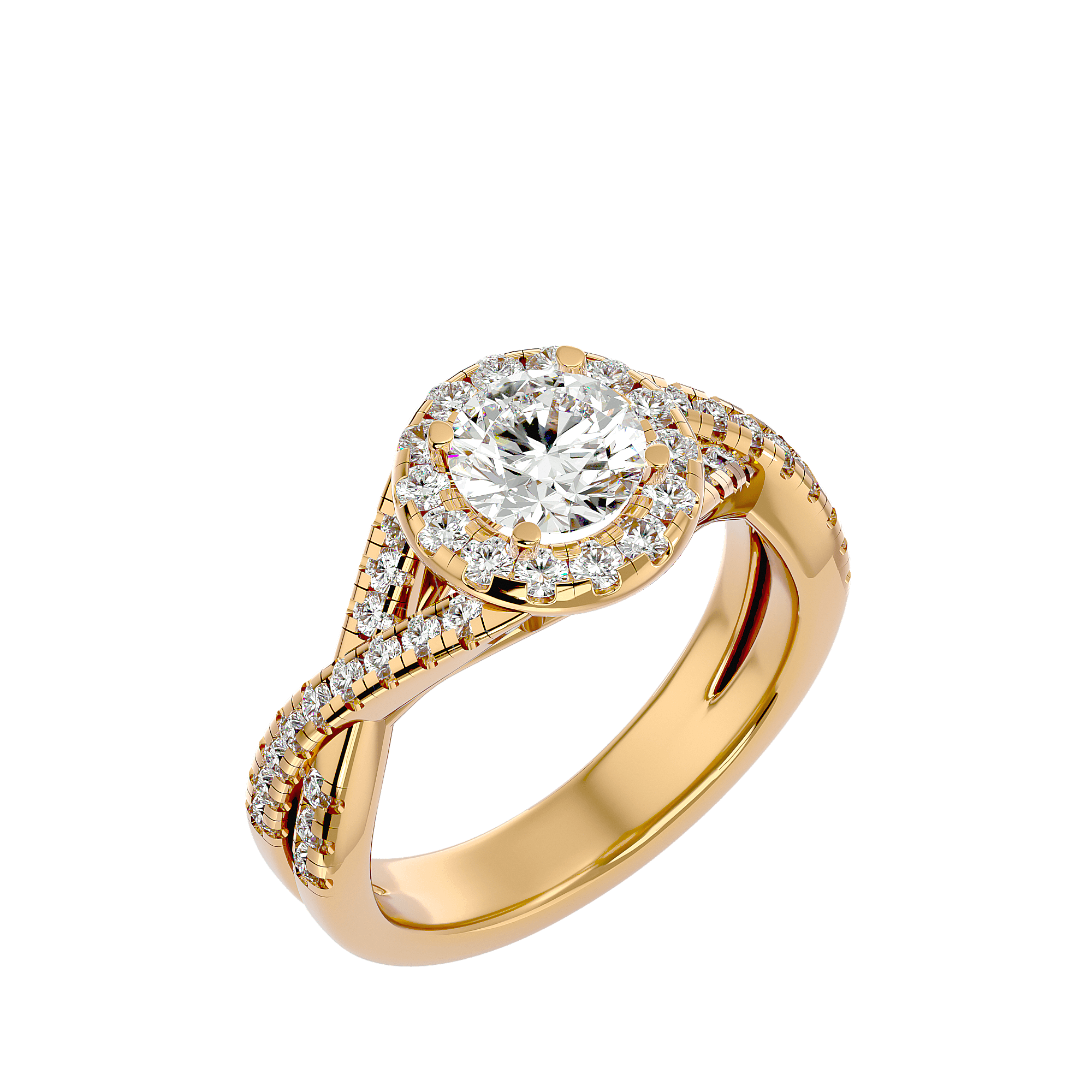 A gold diamond halo ring with a large central diamond and smaller surrounding diamonds.