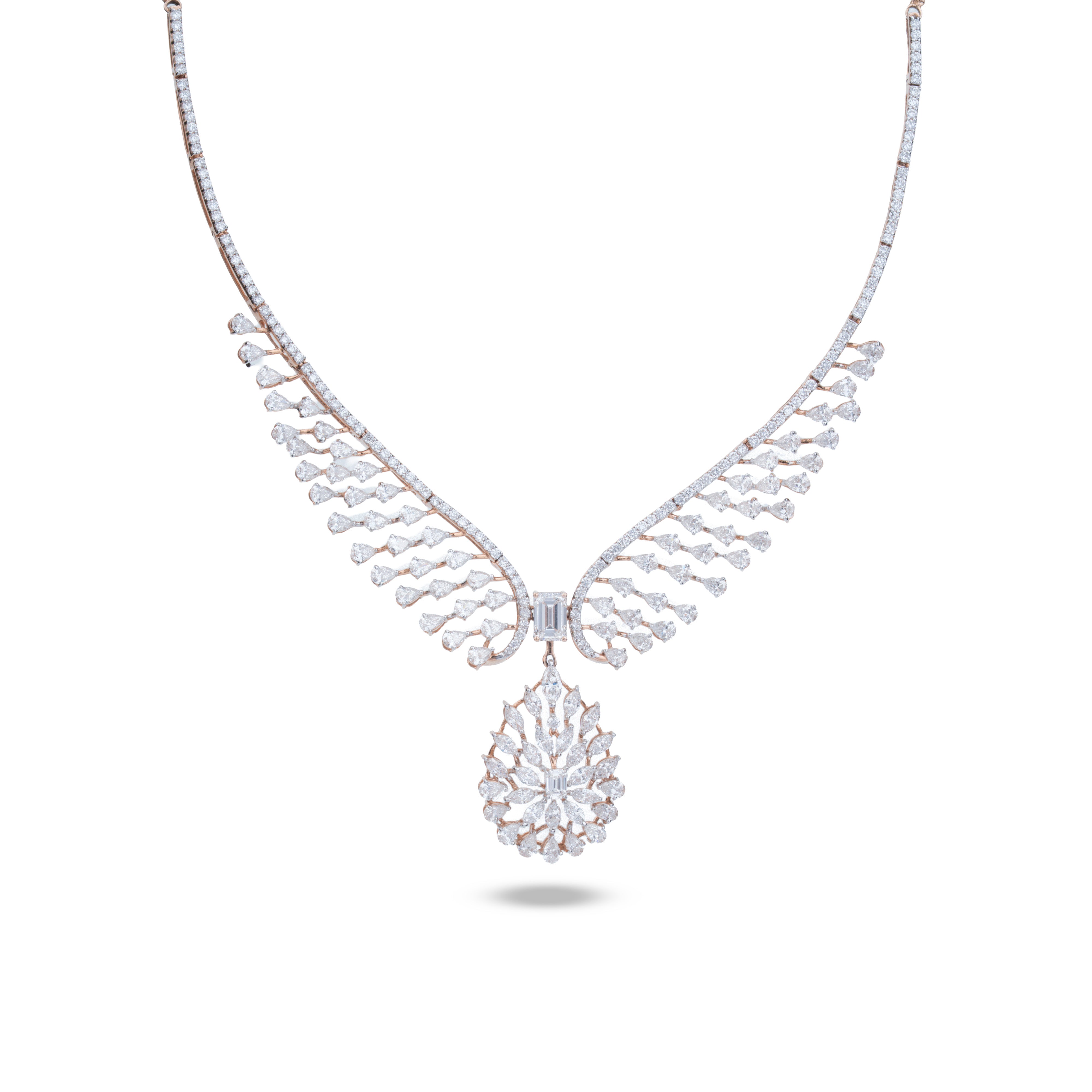 A silver-toned diamond necklace featuring a delicate wing-like chain design with a teardrop-shaped pendant, displayed on a clean white background.