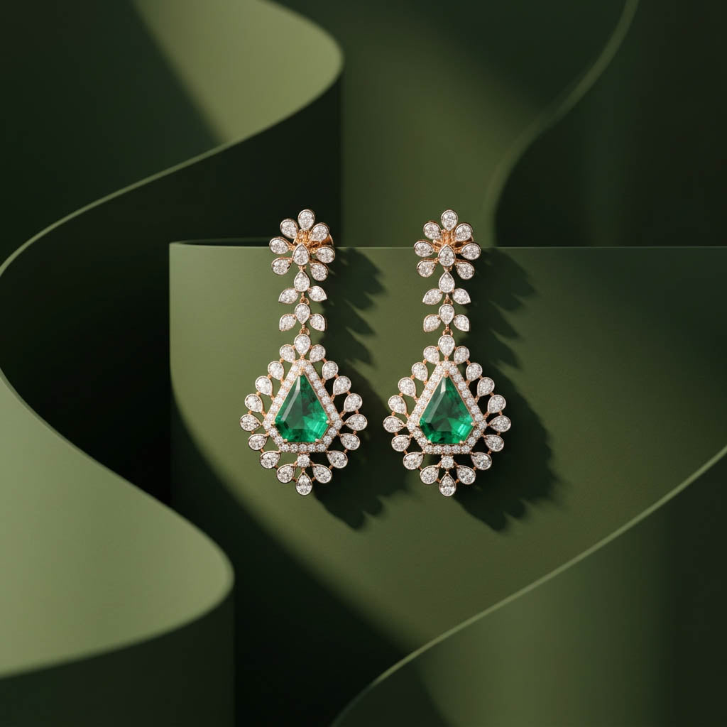 Trillion Emerald Floral Halo Drop Earrings