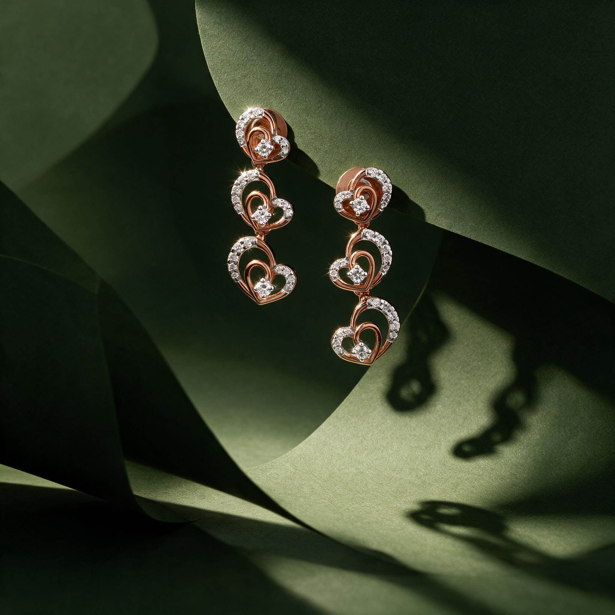 Triple Heart Diamond Drop Earrings