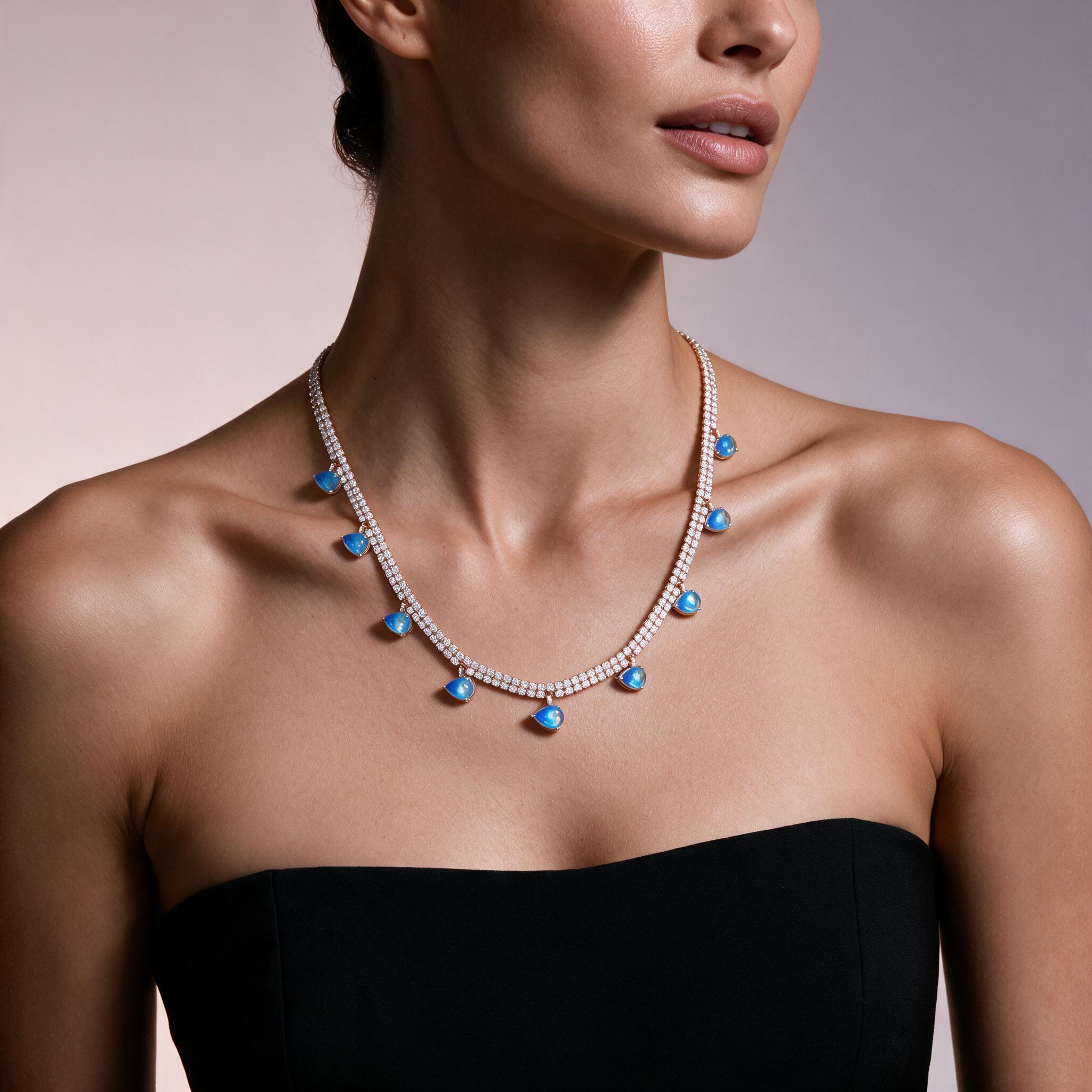 Double-Row Lab-Grown Diamond & Blue Topaz Drop Tennis Choker
