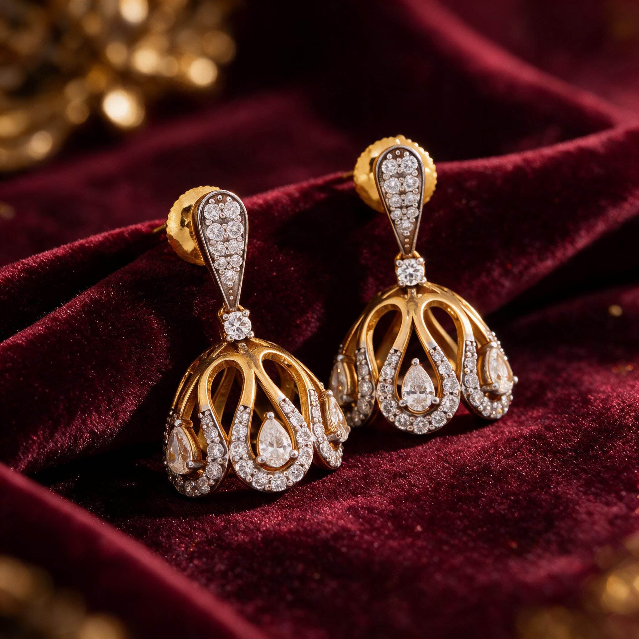 Padmanthia 9KT Gold Pear Diamond Jhumka Earrings
