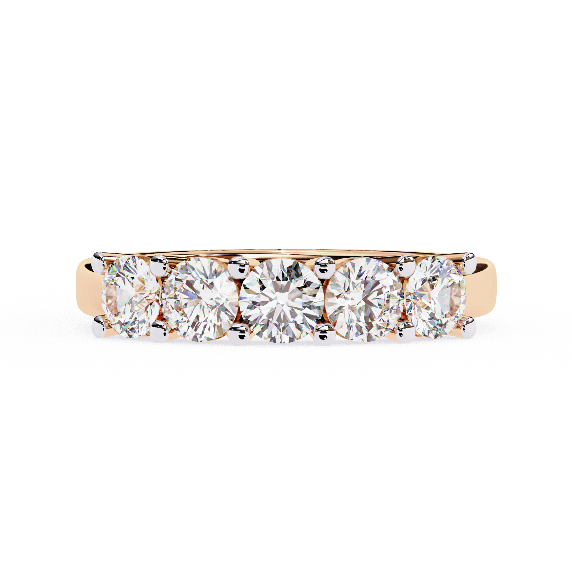 Rose gold band ring with five round brilliant-cut diamonds set in prongs, classic and elegant design.