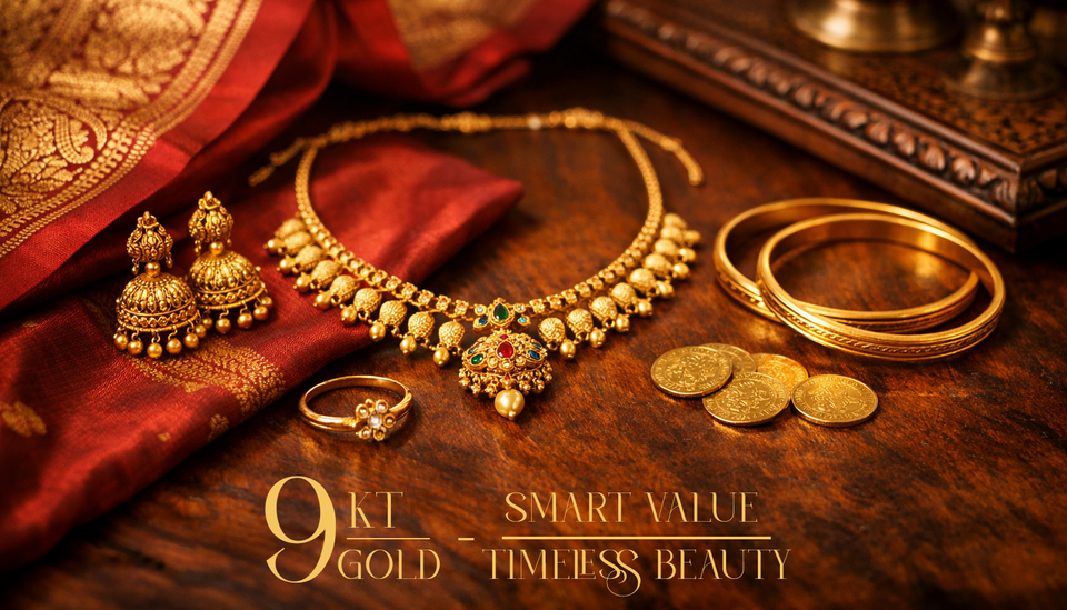 Gold-coloured necklaces, rings, bangles and coins on red fabric in a 9KT gold guide graphic