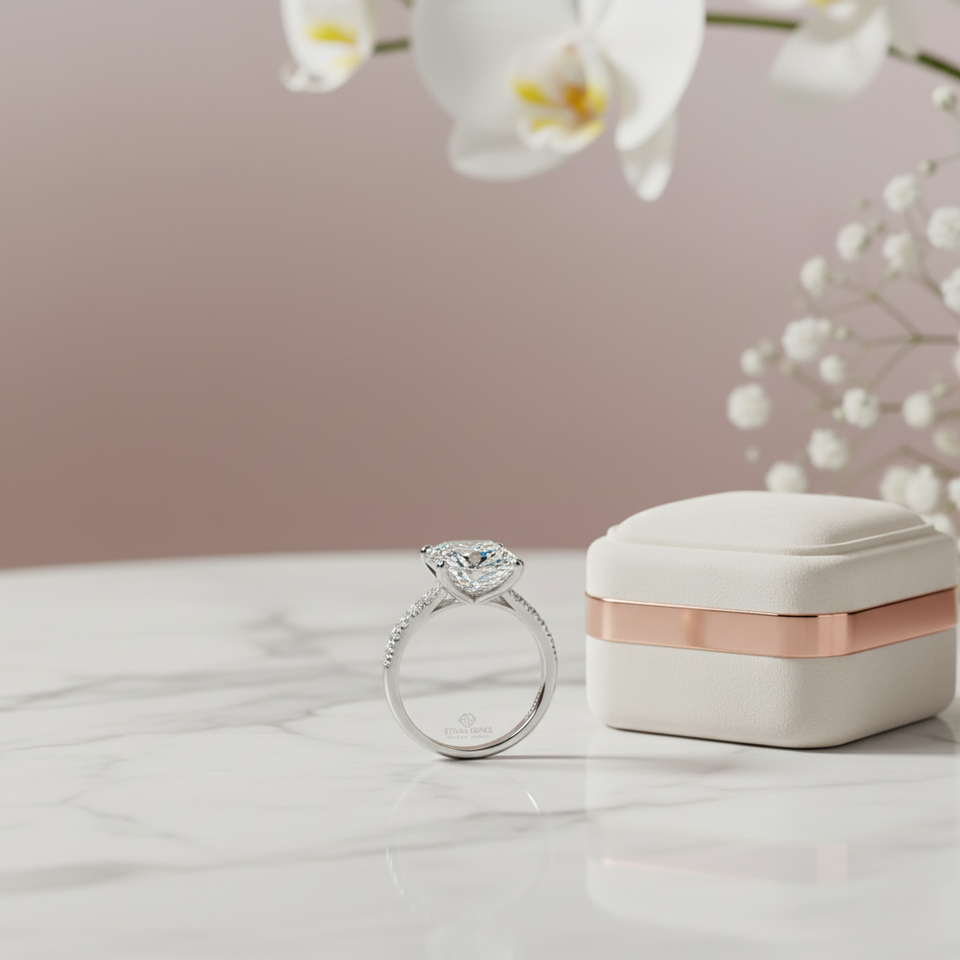 A solitaire-style ring beside a jewellery box and flowers