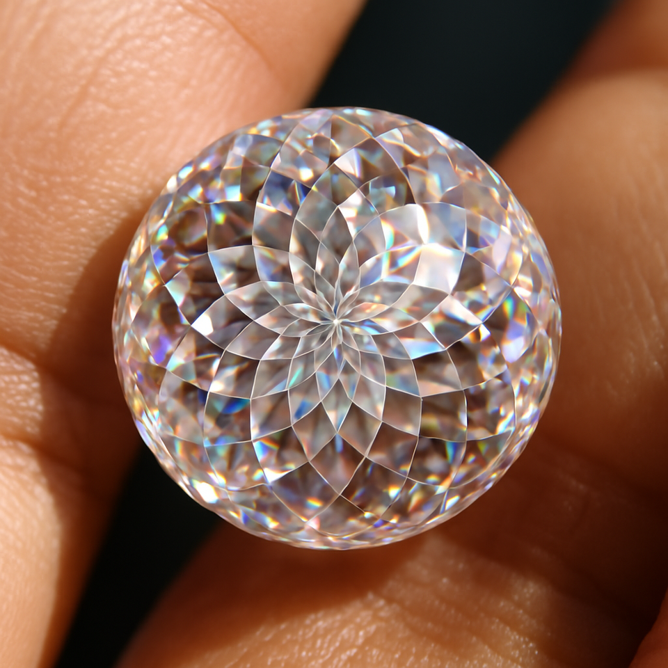 A round faceted stone held between two fingers